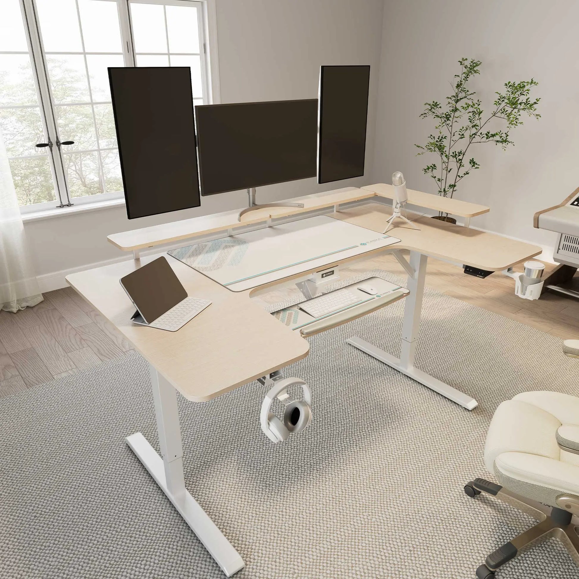 Eureka Ergonomic U-Shaped Standing Desk With Light Wood Finish and Ergonomic Accessories for Workspace.