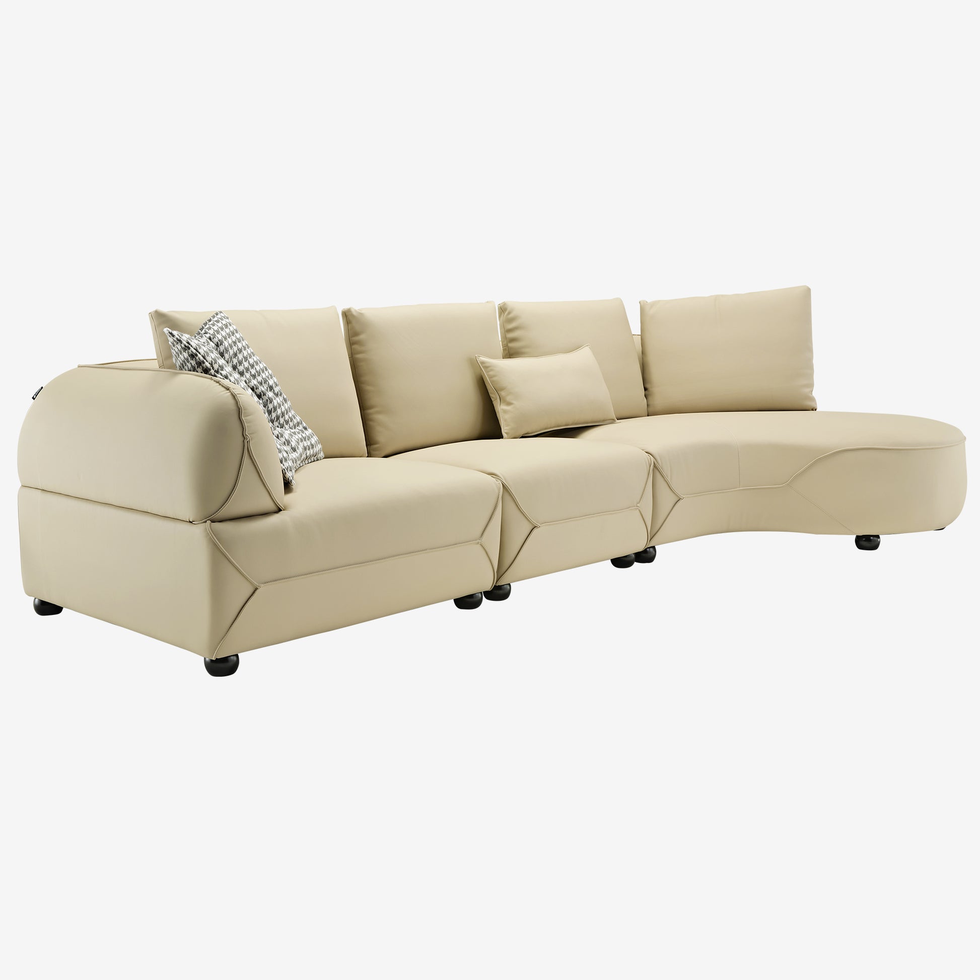 Leah Curved Sofa in Beige Leather, Ergonomic Design for Living Room Comfort, Minimalist Style.