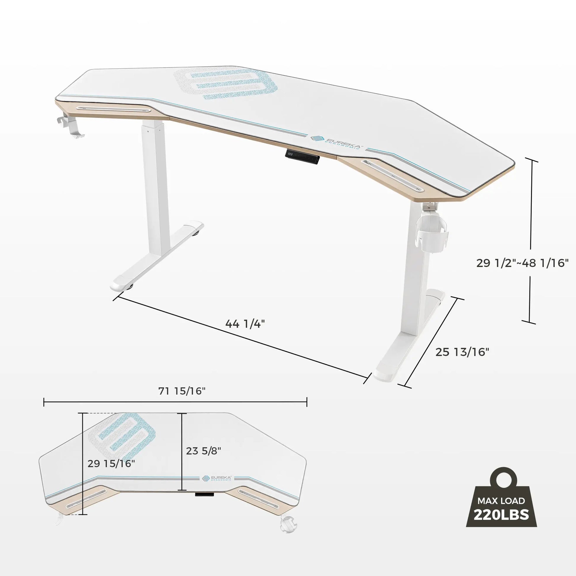 Aero Pro Wing-Shaped Standing Desk Dimensions: 72-Inch, Height Adjustable, 220Lbs Max Load, Black and White Ergonomic Design.