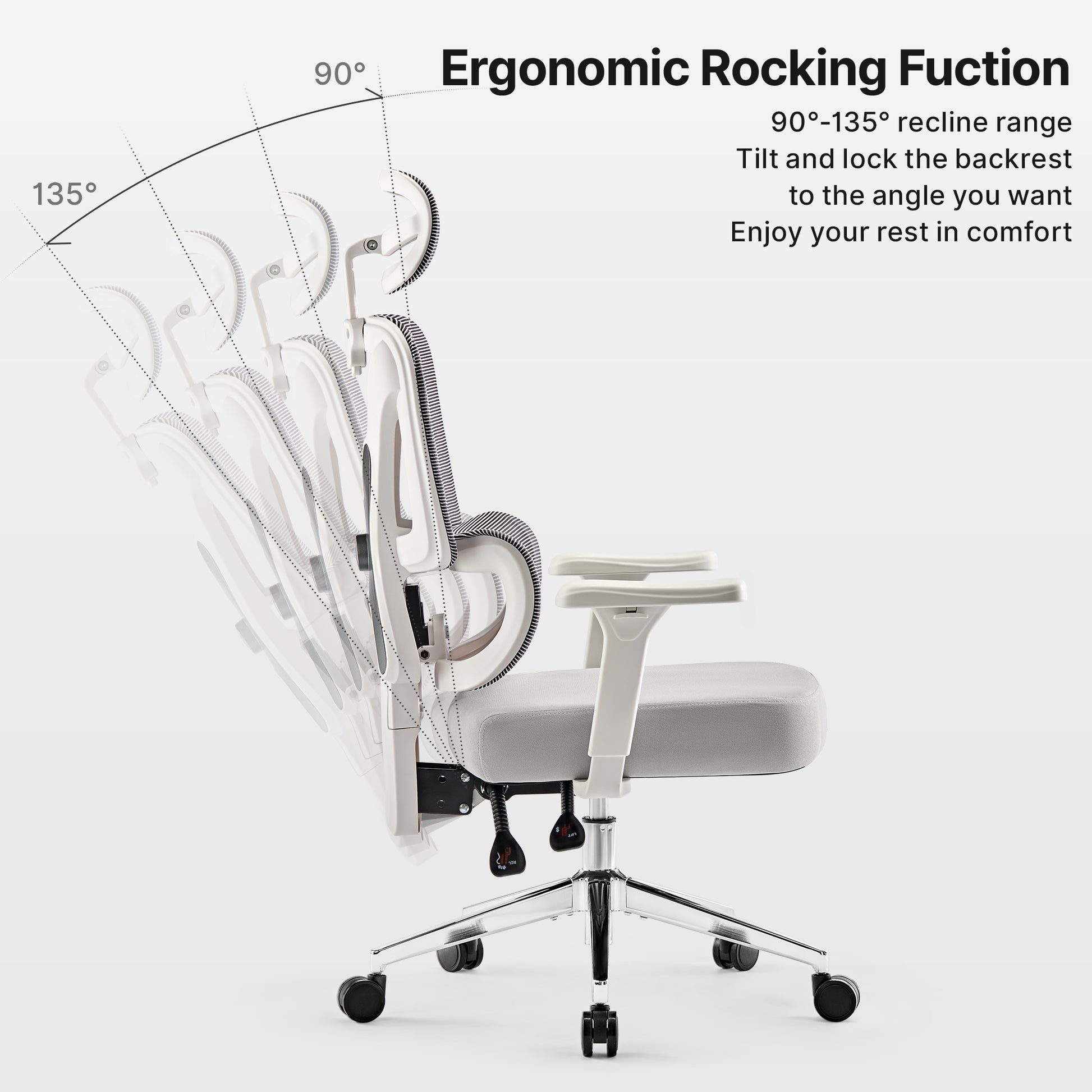 Eureka Ergonomic Exis ergonomic office chair demonstrating its 90°-145° recline function, with a light gray seat, white frame, and striped mesh back.