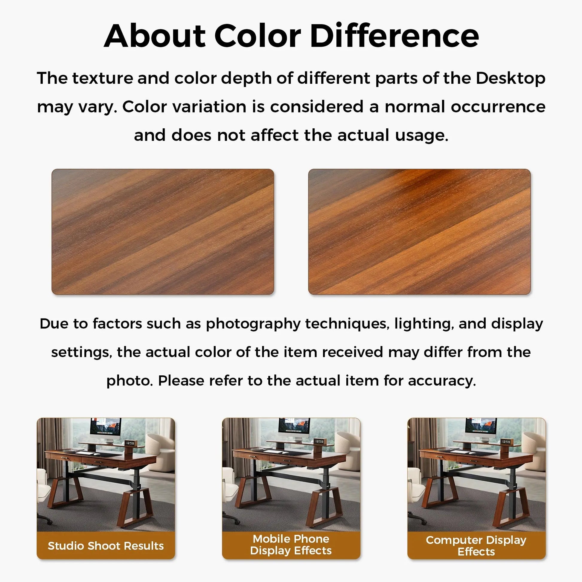 Eureka Ergonomic Ark Executive Standing Desk Color Variation Examples, Walnut Finish, With Display Comparisons.