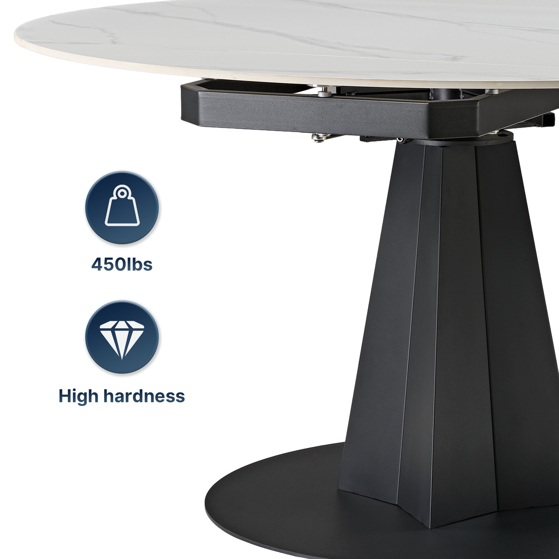 Amelia Round Extending Dining Table With White Granite Top and Black Base, Capacity 450Lbs, High Hardness.