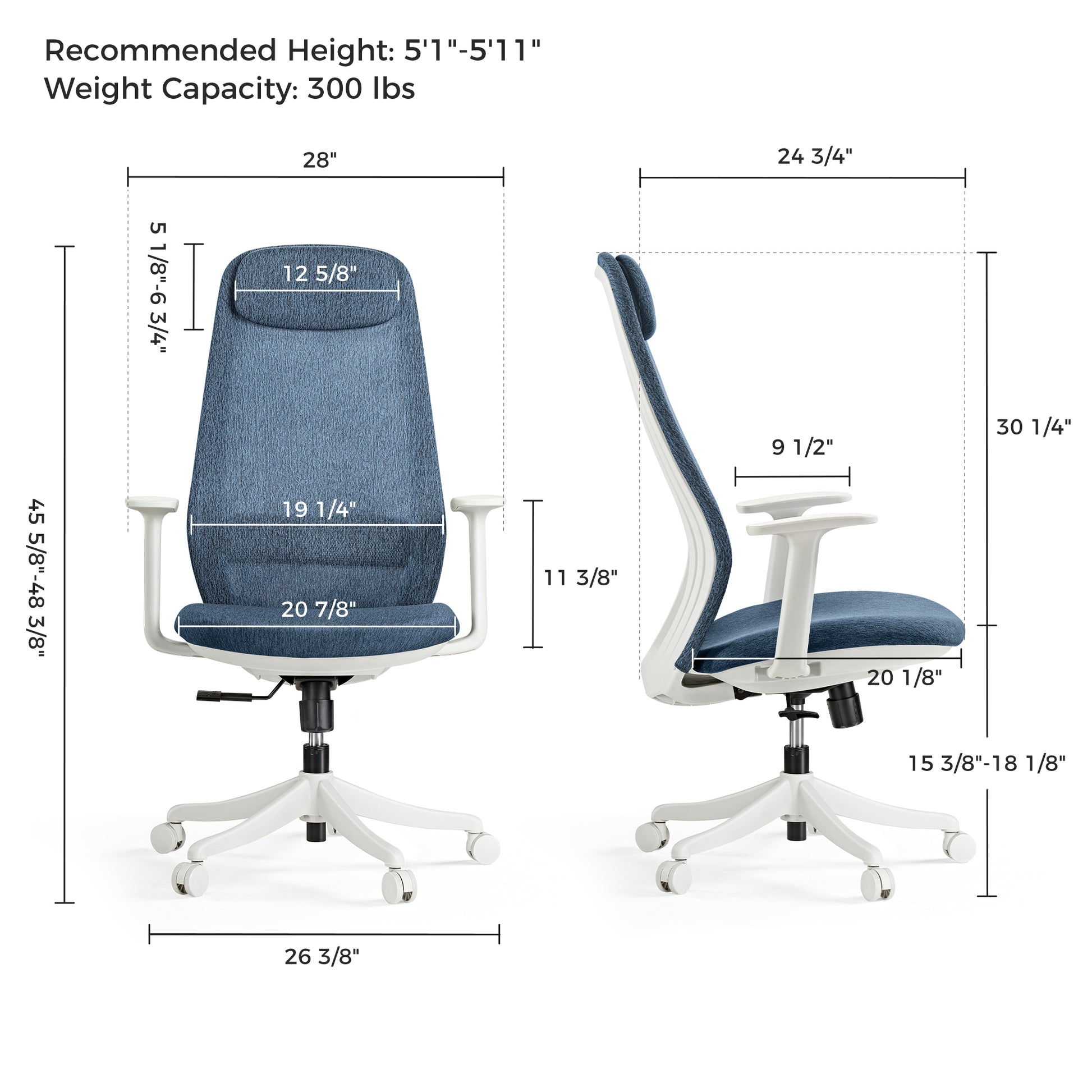 Skylar-Lite Duo Hue Ergonomic Chair Dimensions, Blue Fabric, White Frame, Capacity Details.