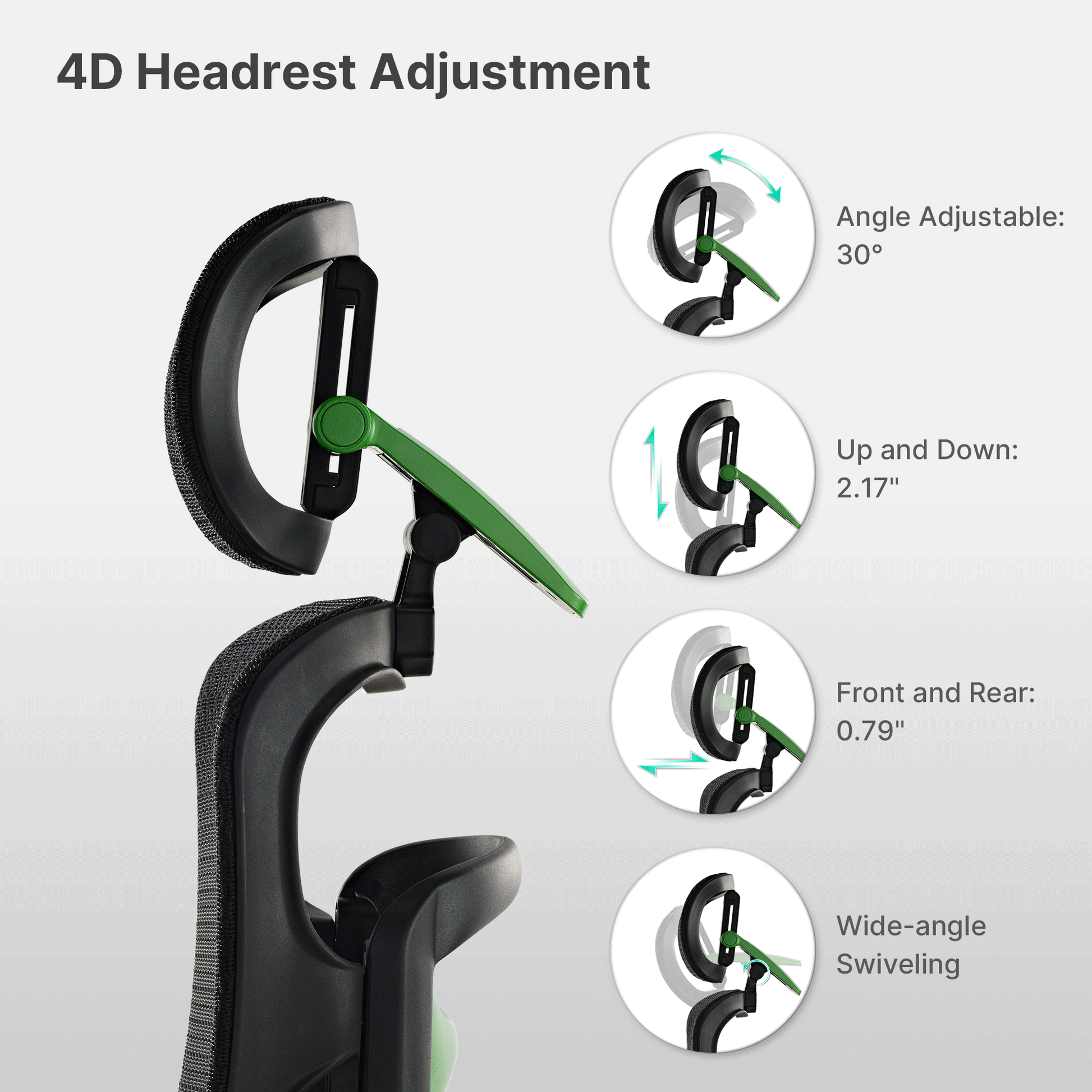 Axion Ergonomic Hybrid Chair With 4D Headrest Adjustment: Angle, Up/Down, Front/Rear, and Swivel for Ergonomic Comfort.