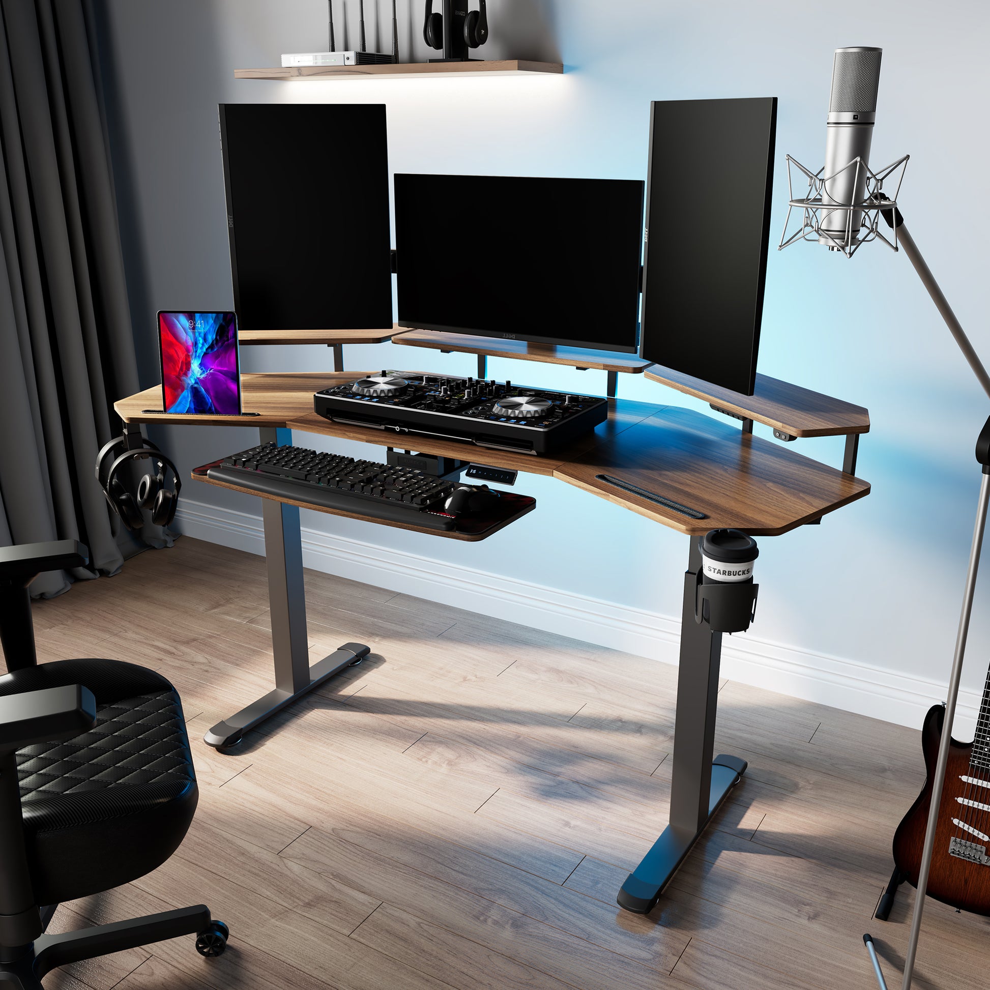 Eureka Ergonomic Aero Pro Wing-Shaped Desk Setup With Dual Monitors, Ergonomic Design, and Accessories.
