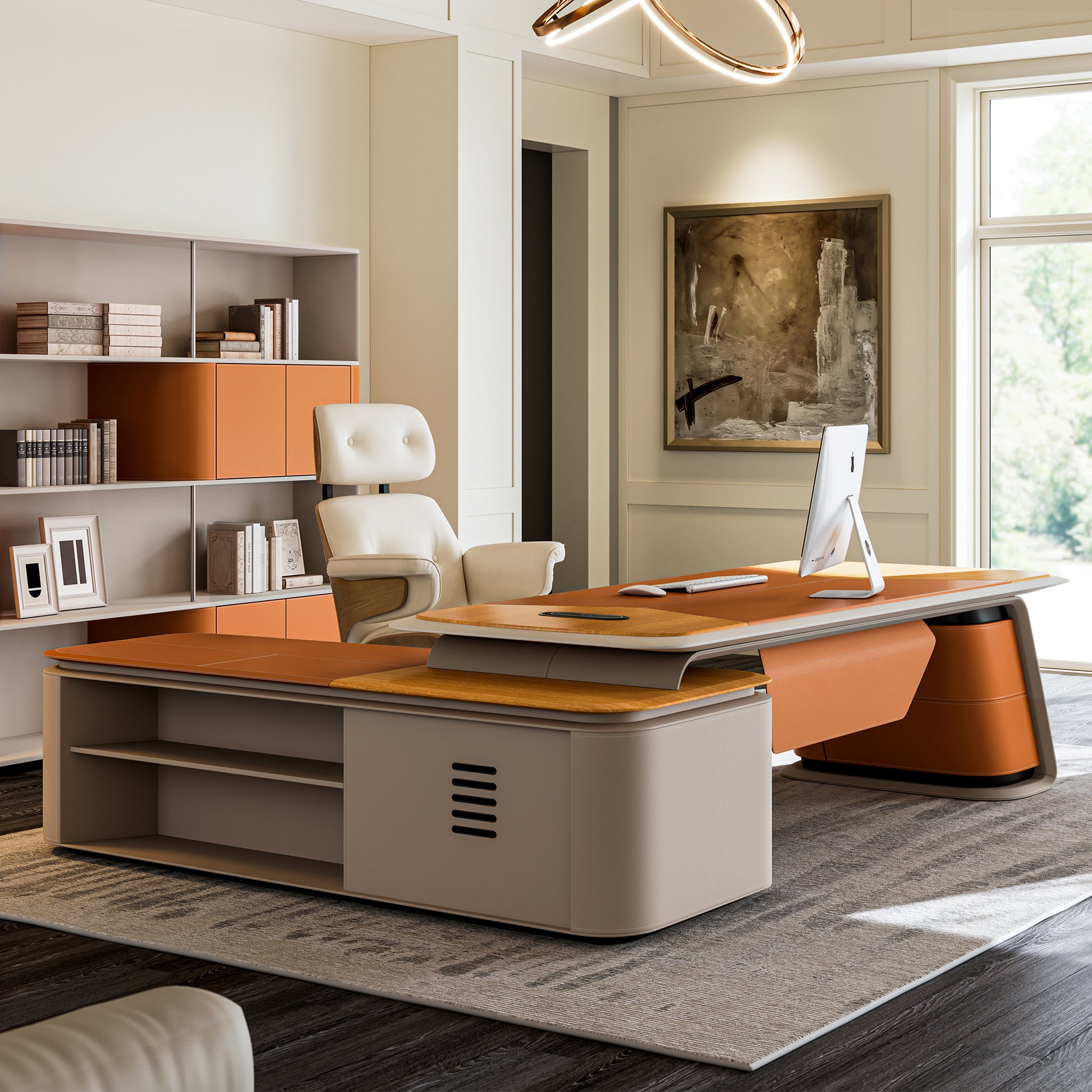 Eureka Ergonomic Zen Altair L-shaped executive desk with orange faux leather and wood accents, paired with matching bookcase and office chair.
