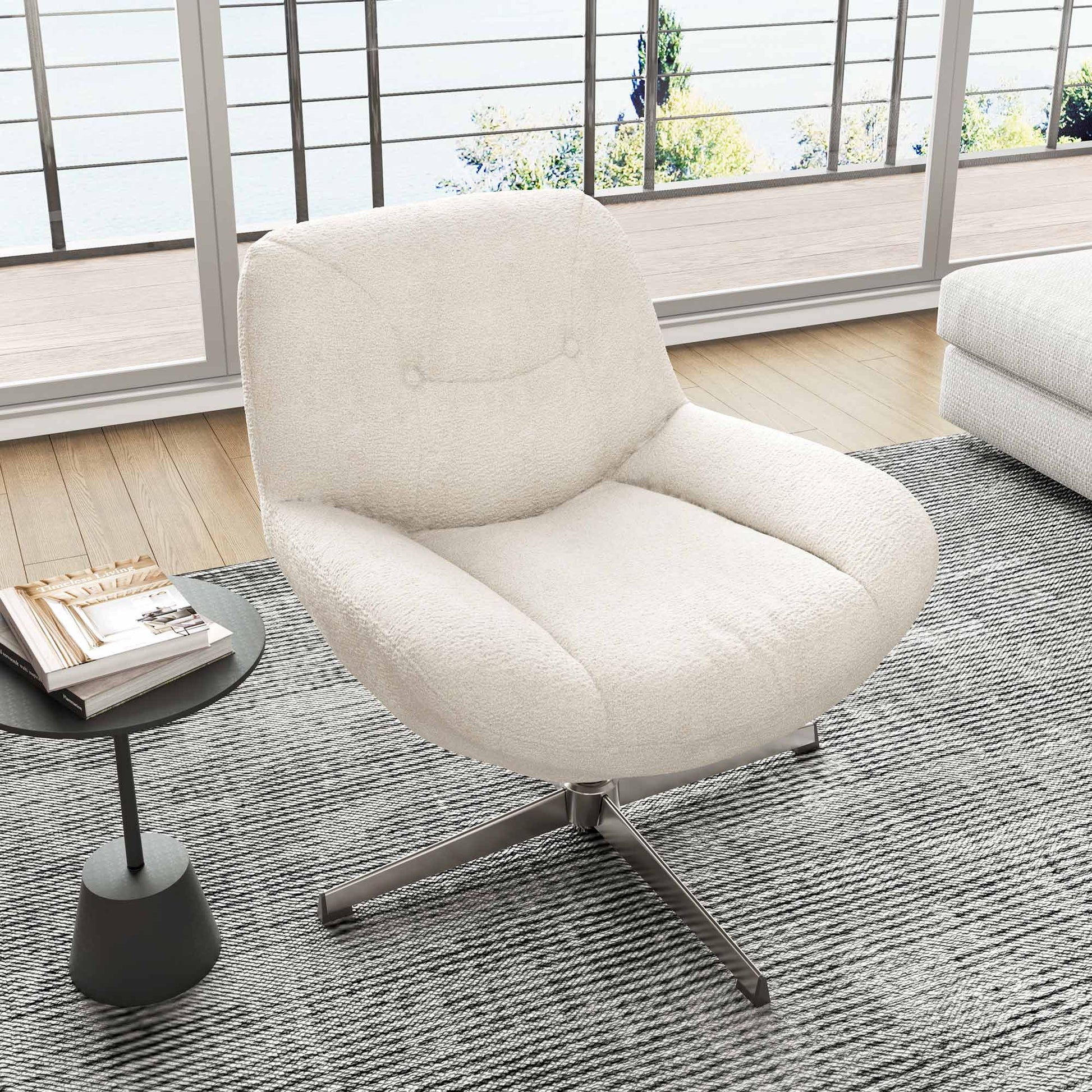 Eureka Ergonomic Henry Swivel Lounge Chair in Off-White Chenille, Modern Design With 360° Rotation, Metal Base.