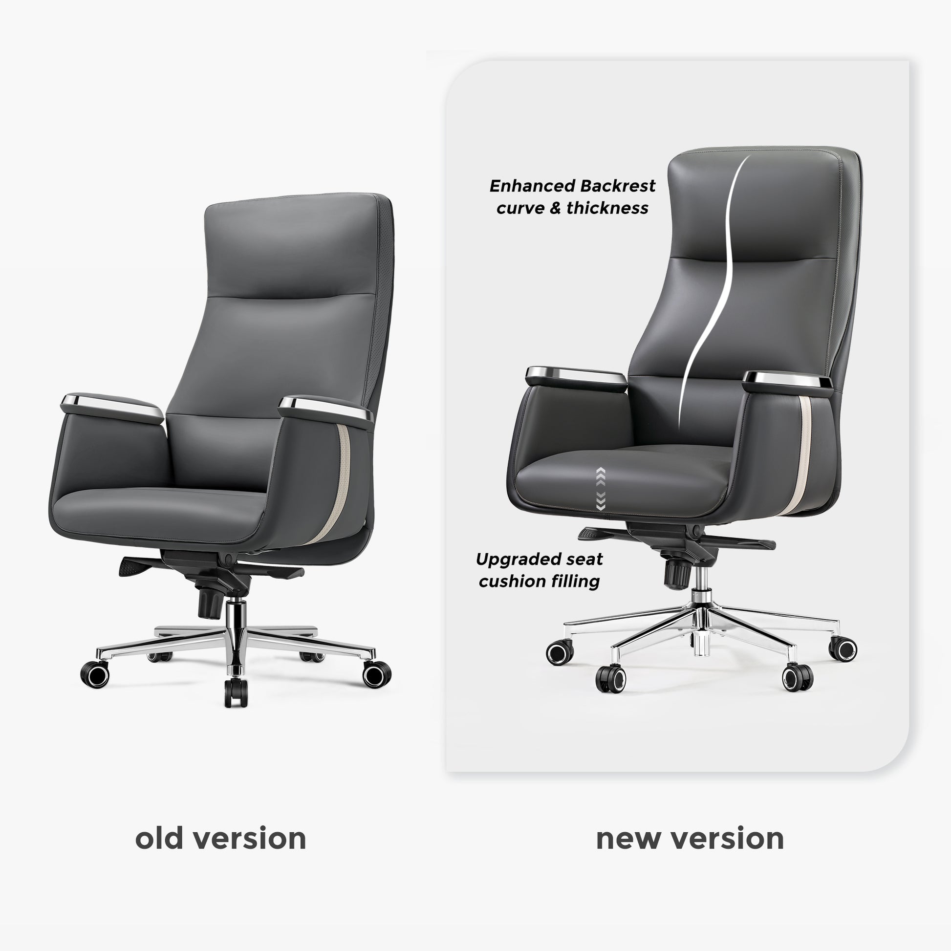 Eureka Ergonomic Royal II office chair: new vs old version comparison showing enhanced backrest and upgraded seat cushion.
