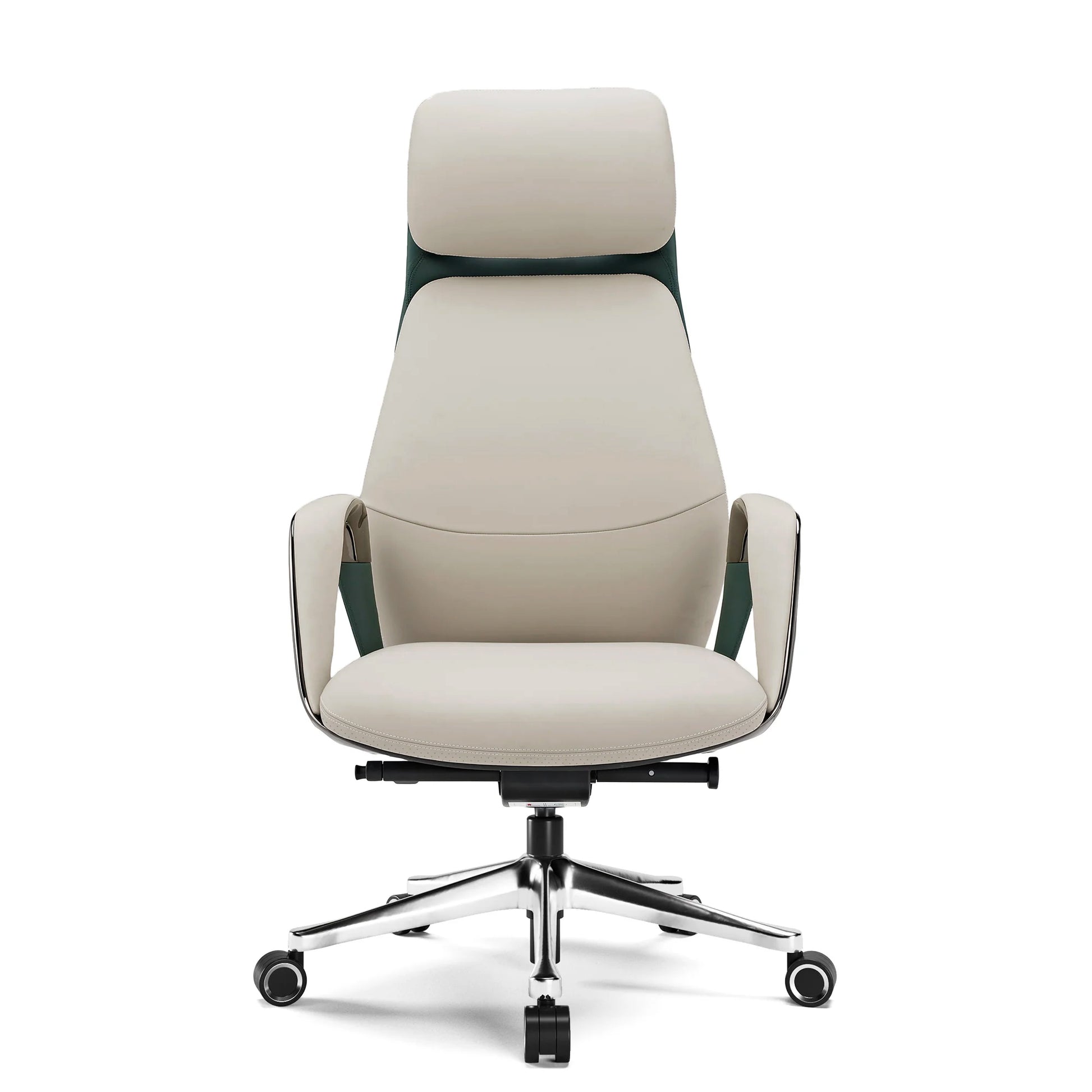 Serene Executive Office Chair in Cream Napa Leather With Dark Green Accents and Ergonomic Design.