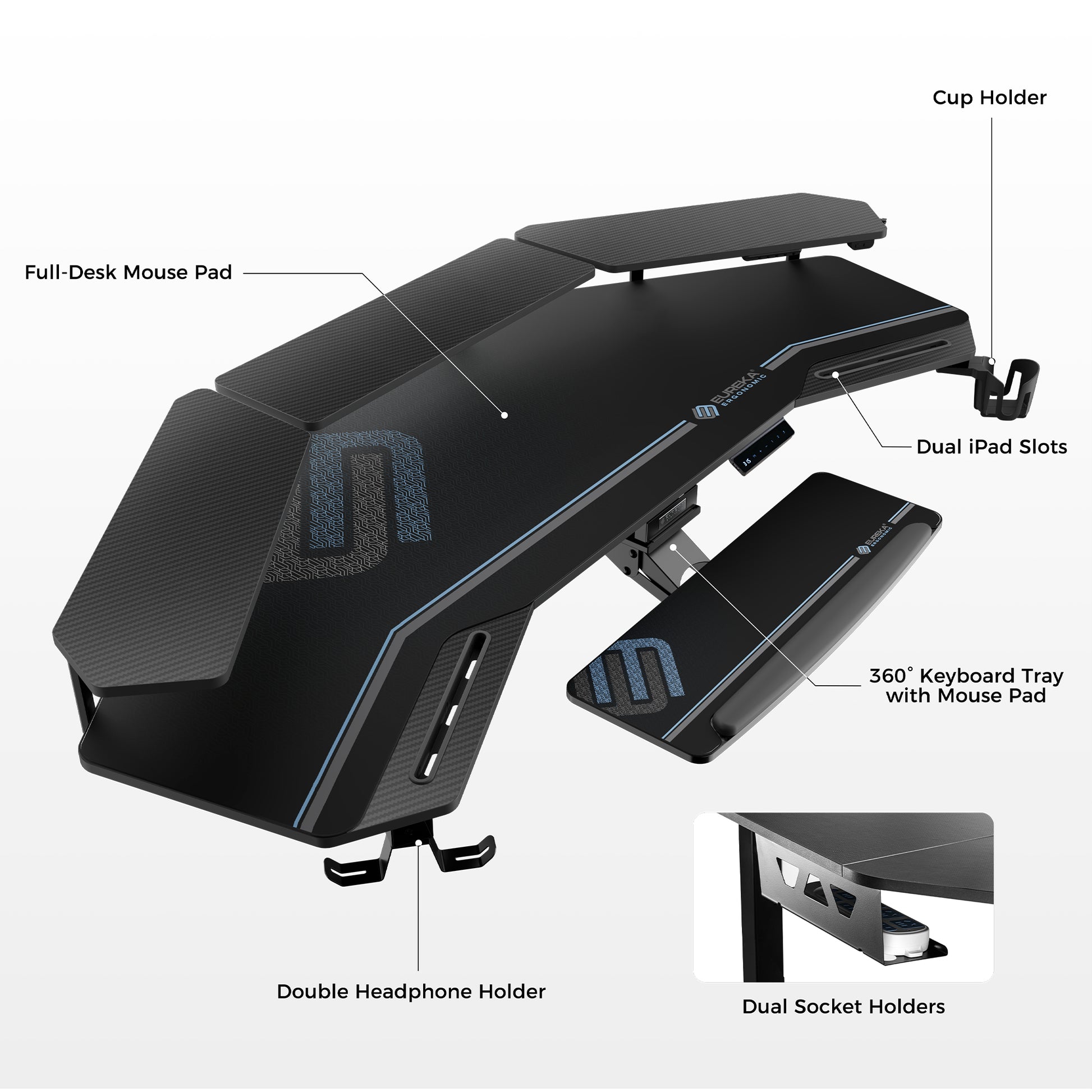Eureka Ergonomic Aero Pro Desk Features: Full Desk Mouse Pad, Cup Holder, Dual Ipad Slots, and More. Black Gaming Desk.