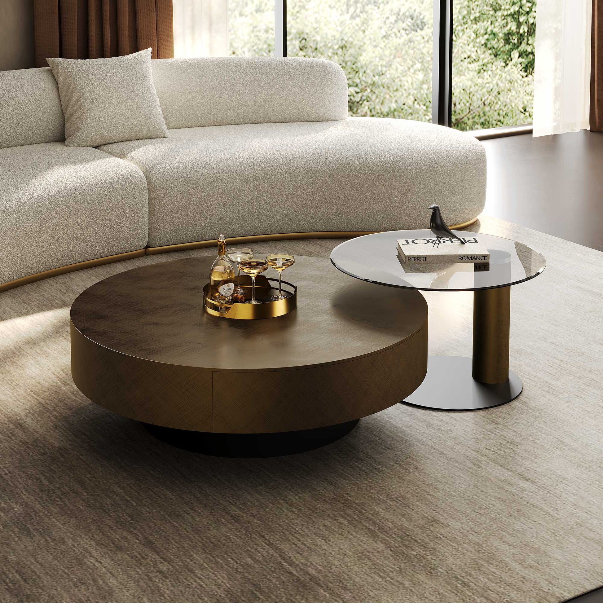 Modern Bronze Coffee Table Set With Glass Side Table, Living Room Furniture With a Sofa and Rug.