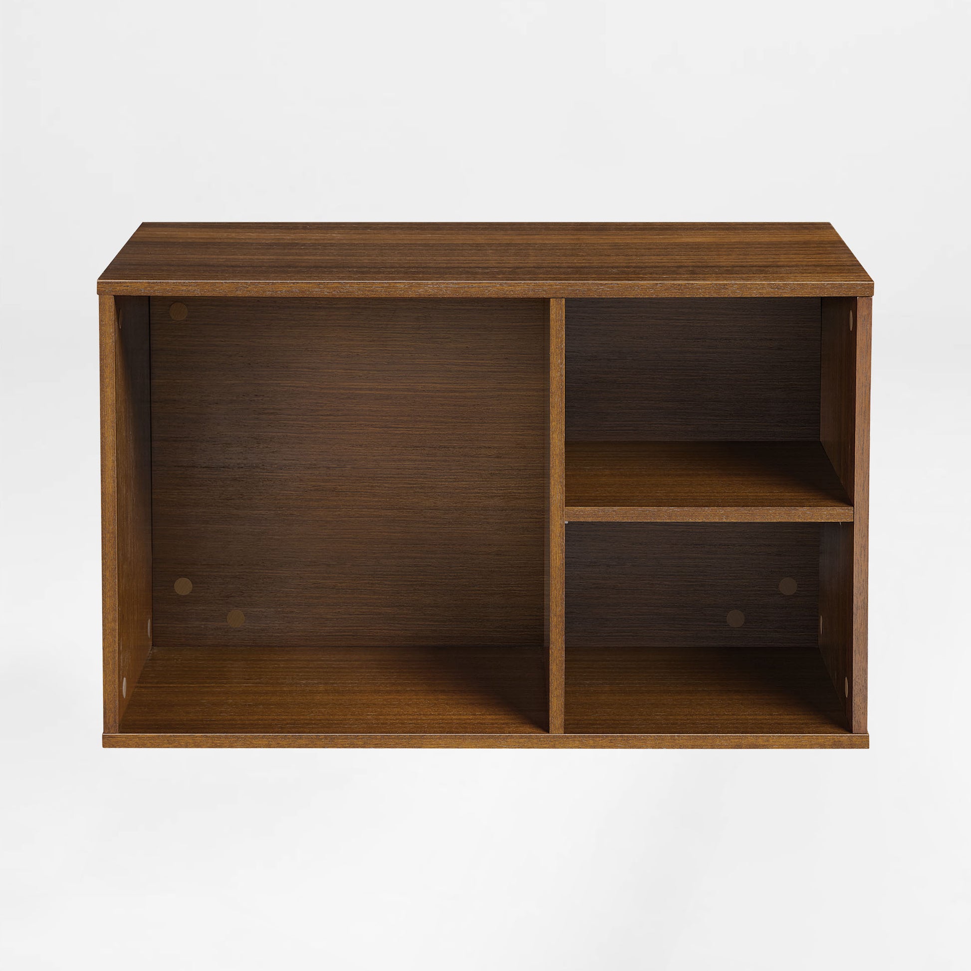 Wooden Cabinet for Zen Pro Executive Desk. Brown Wood Grain, Two Open Compartments, Shelves for Office Organization.