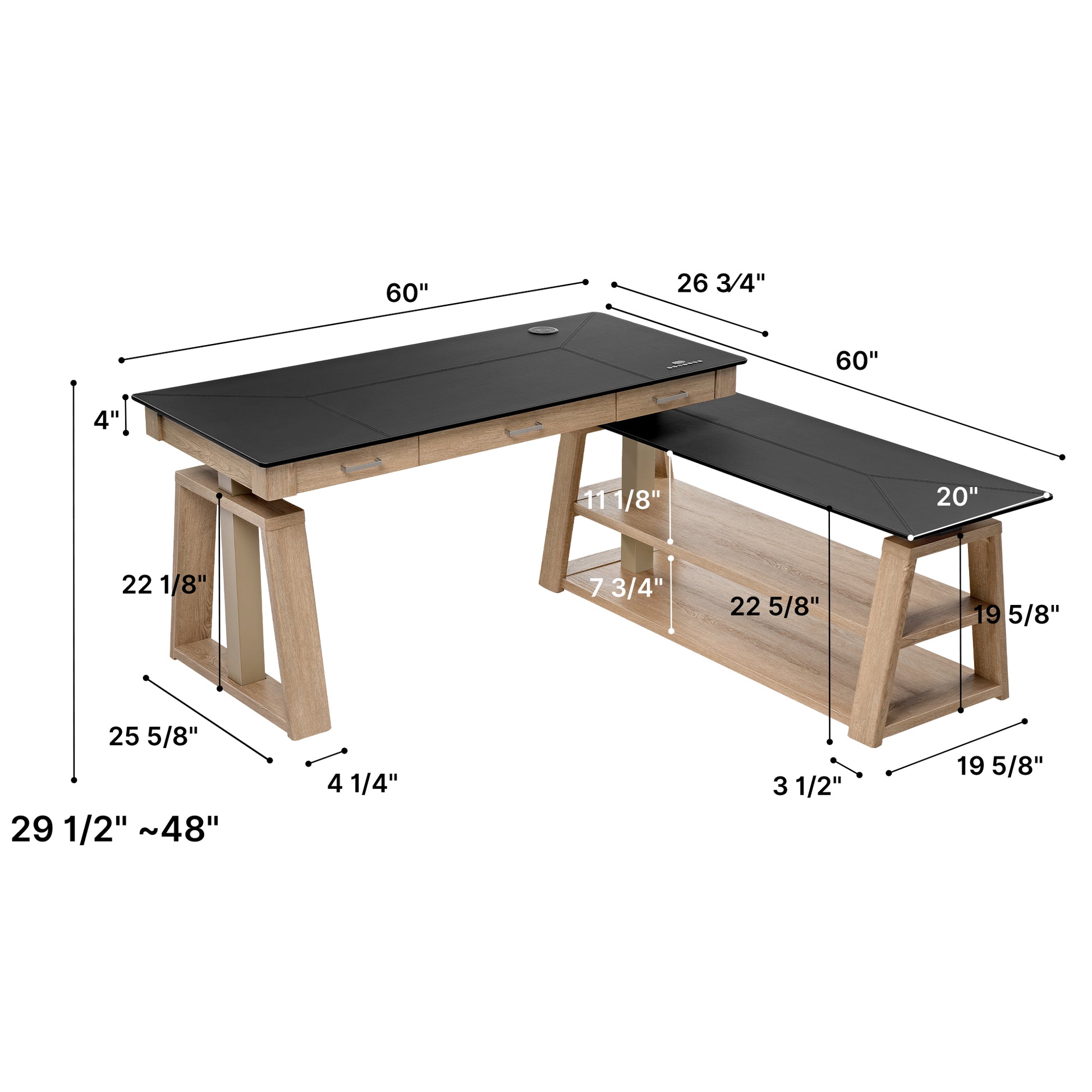 Ark Ex Executive Standing Desk, Black Faux Leather Desktop, Oak Veneer Base, Dimensions Shown.