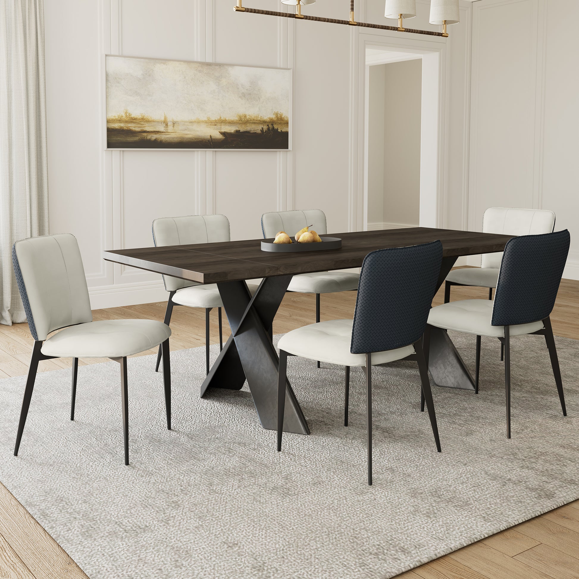 Aspen Dining Set, Dark Wood Table, Woven Leather Chairs in Indigo Blue and Off-White, Modern Dining Room.
