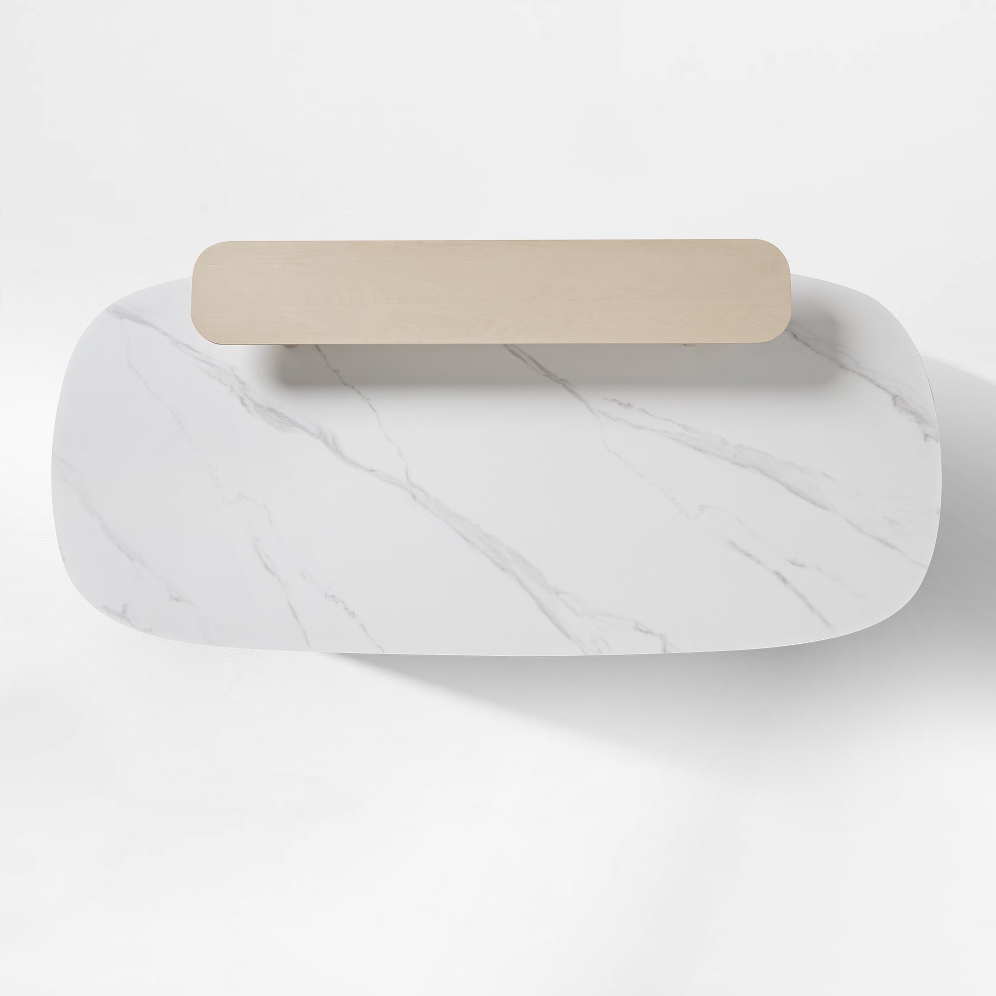 Eureka Ergonomic Opal Oval Executive Standing Desk in White Marble Finish and Wooden Detail. Ergonomic Office Furniture.
