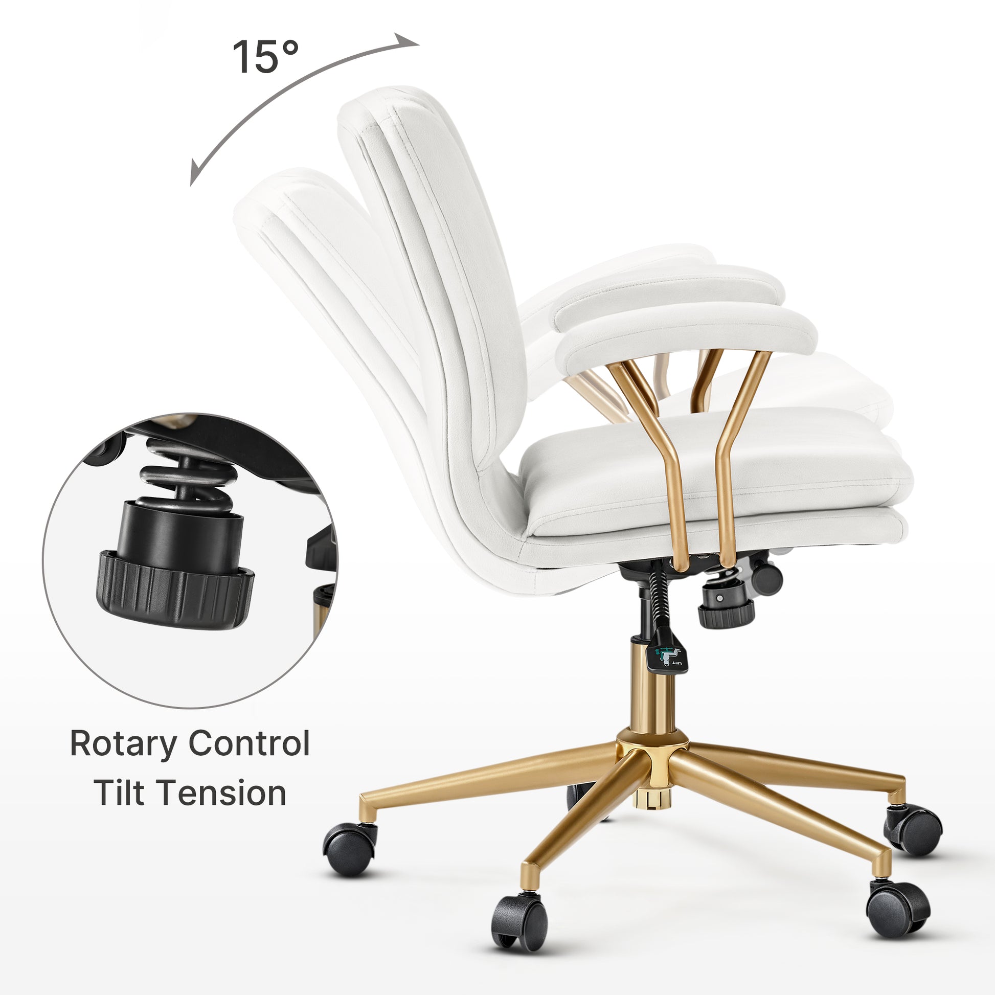 Adena Velvet Office Chair, White Velvet With Gold Base, Tilt Feature, Modern Office Chair.