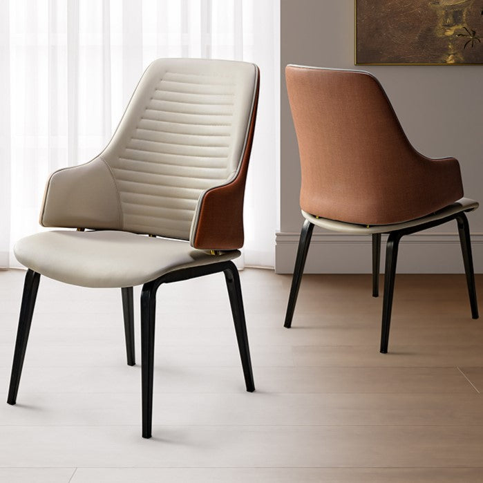 Juliet Dining Armchair Set of 2. Cream Seat, Brown Armrests, Blue Backrest and Black Legs. Modern Dining Room Chairs.