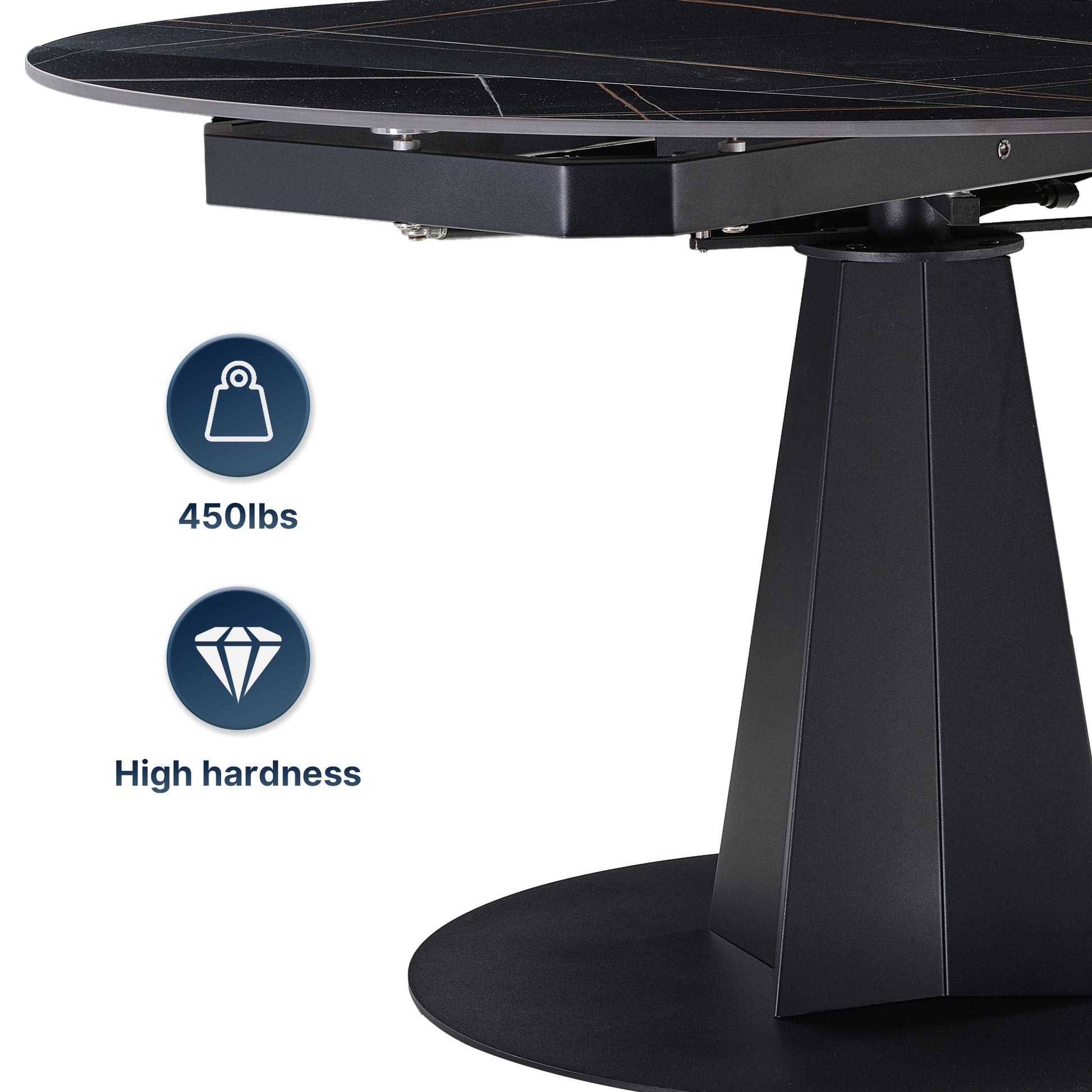 Amelia Round Extending Dining Table, Black Granite Top, 450Lbs Capacity, High Hardness, Modern Design.