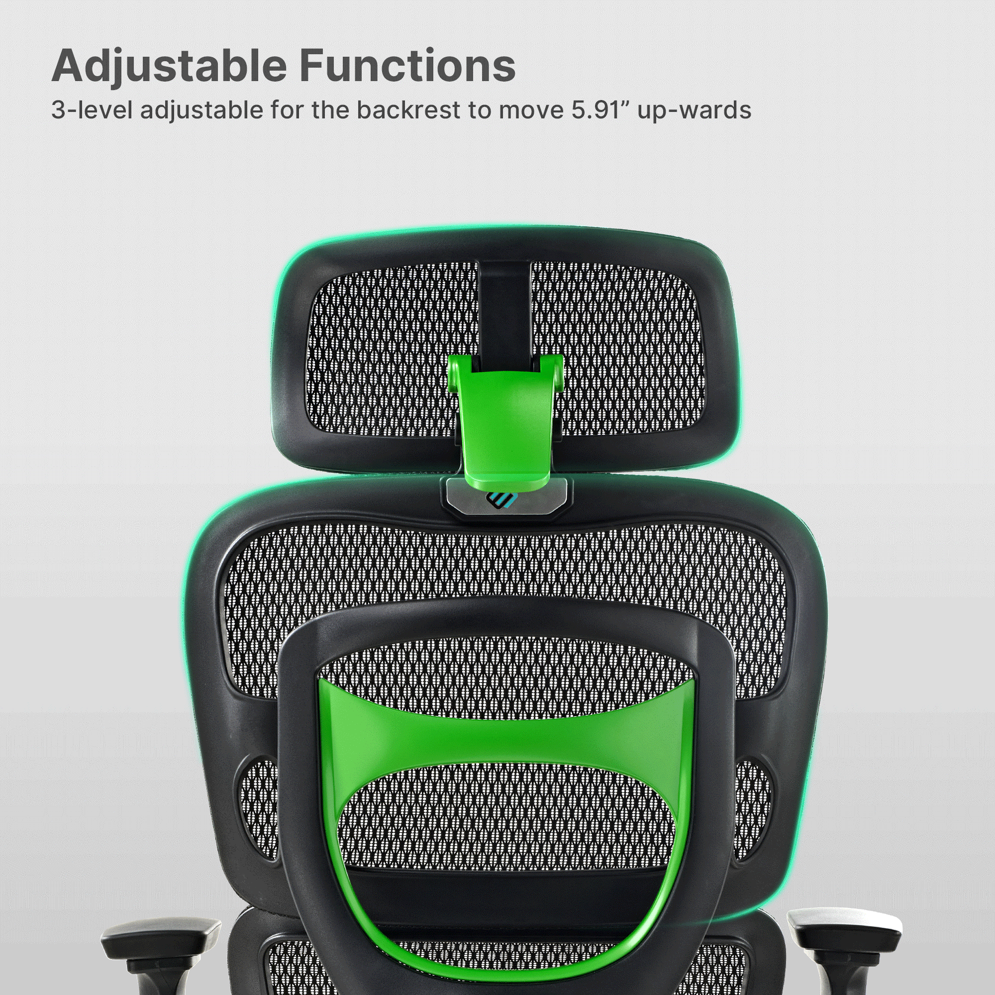 Axion Ergonomic Hybrid Chair Back Detail, Adjustable Headrest, Black Mesh, and Green Accents, Ergonomic Design.