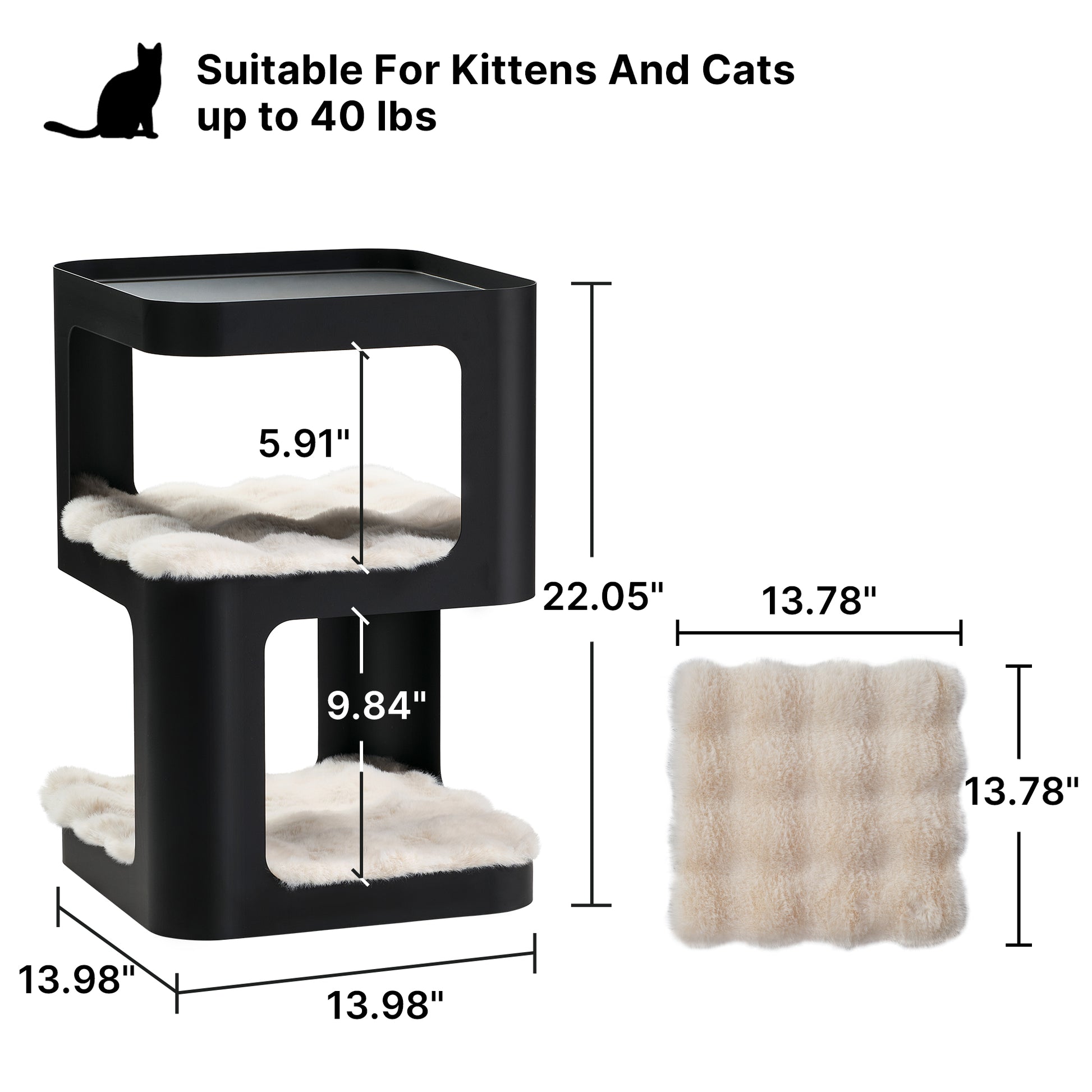 Black 3-Tier Cat Tower & Side Table. Modern Design, Plush Cat Beds, Suitable for Kittens and Cats Up to 40 Lbs.