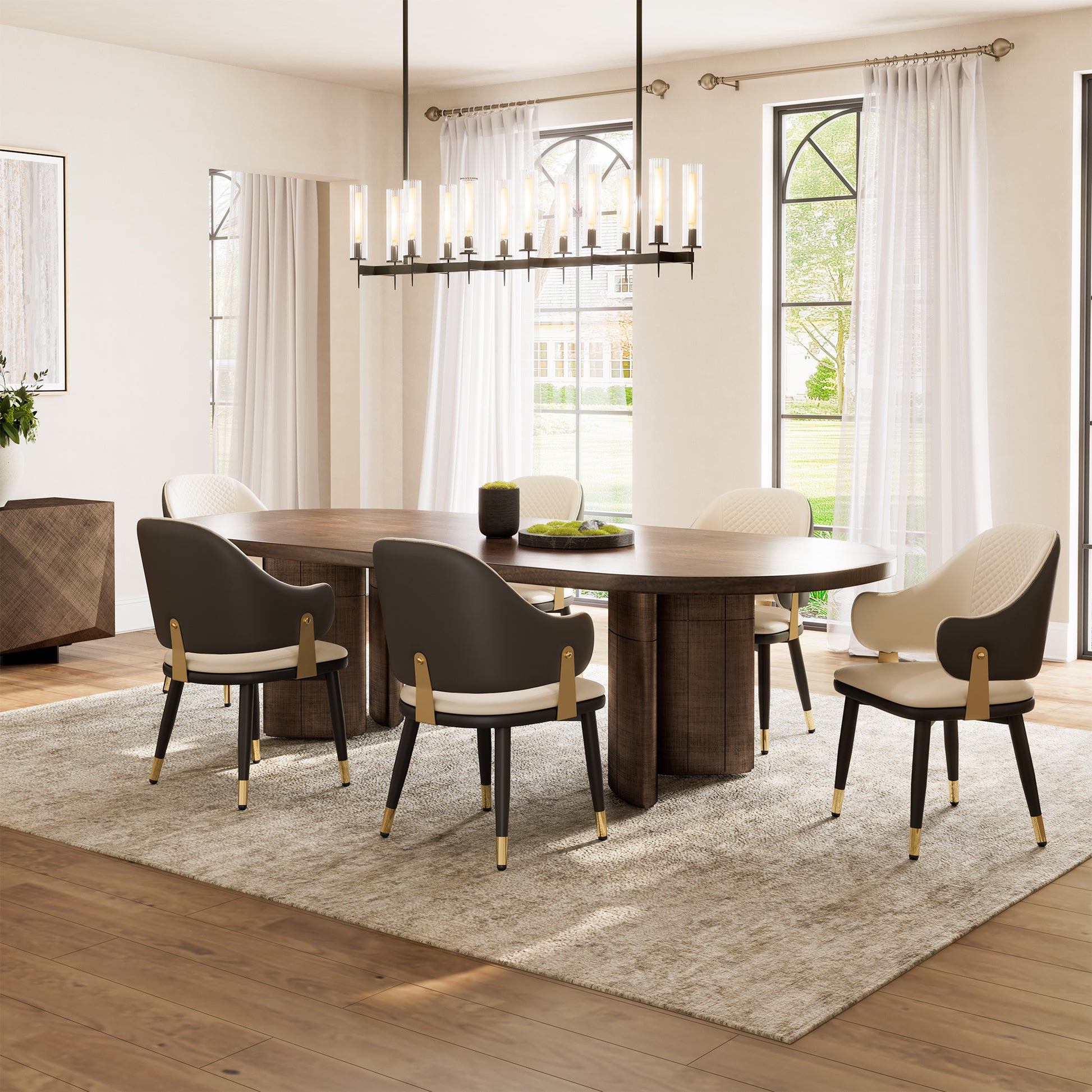 Anareli Dining Arm Chairs Set of 2, Beige and Dark Brown Faux Leather With Gold Accents, Modern Dining Room.