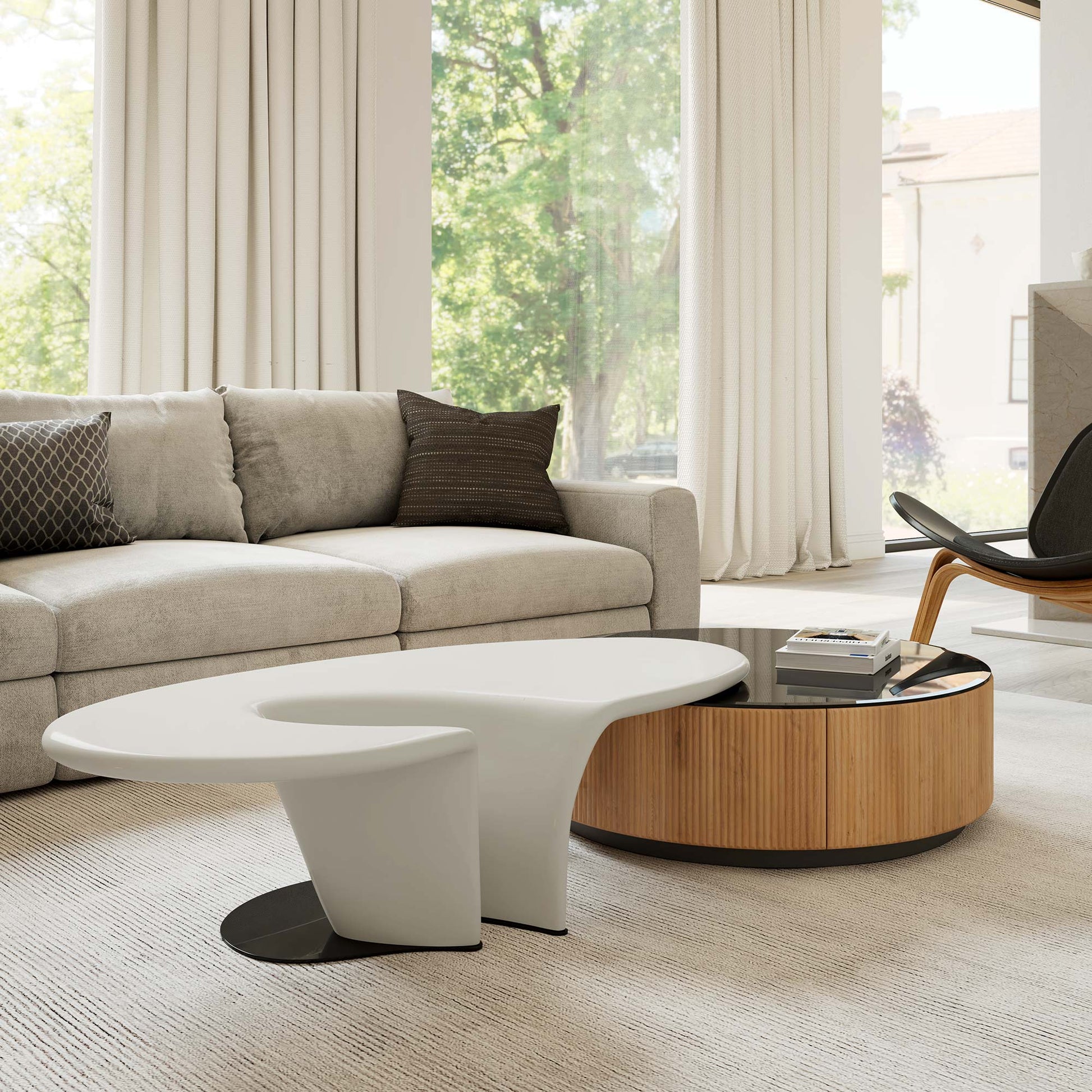 Modern White Coffee Table Set With Wooden Side Table, Part of a Contemporary Living Room.