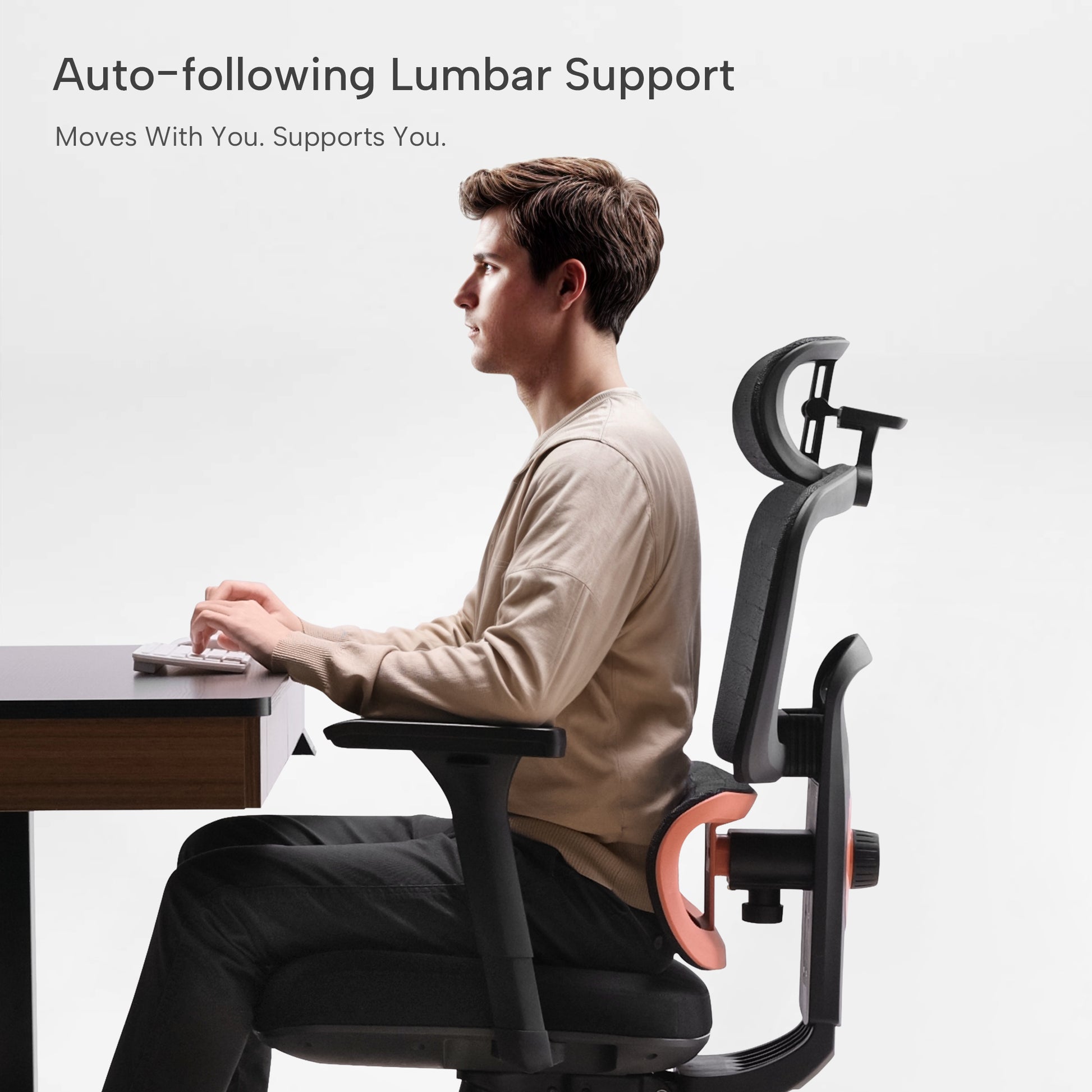 Eureka Ergonomic Cyra ergonomic office chair demonstrating auto-following lumbar support for healthy posture while working at a desk.
