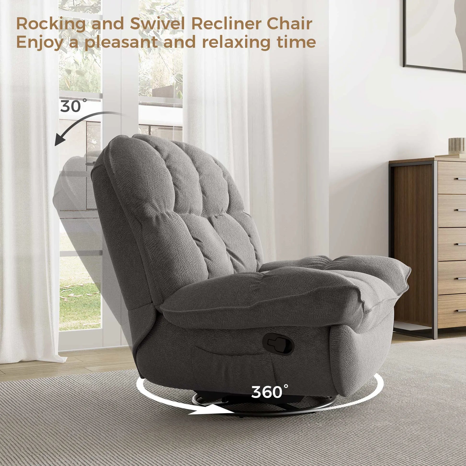 Grayson Rocking Swivel Recliner Chair in Gray Chenille Fabric, 360° Swivel Base for Comfort.