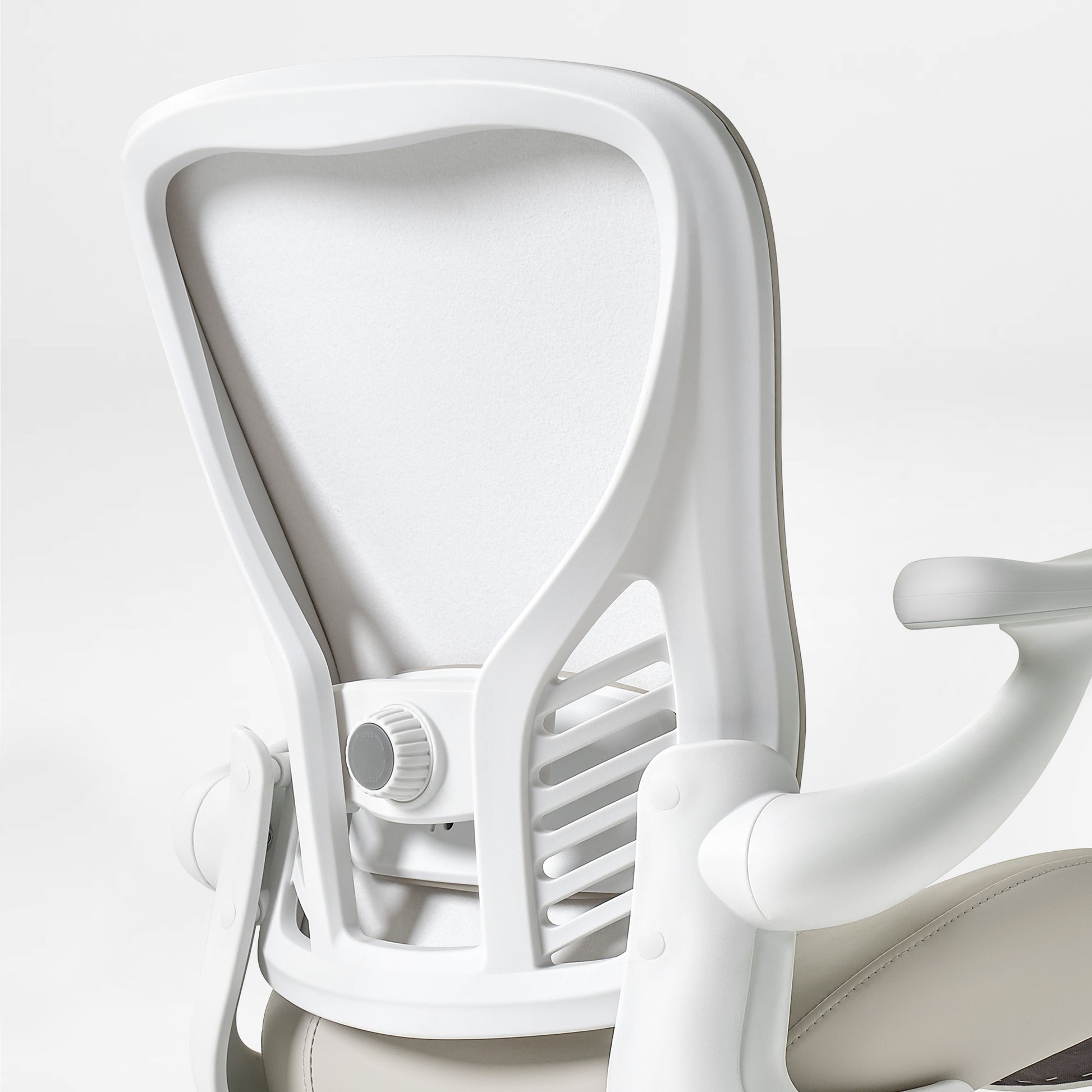 Eureka Ergonomic Vera ergonomic office chair rear view, white frame, mesh back, grey PU leather seat, adjustment knob with FRONT/BACK labels.