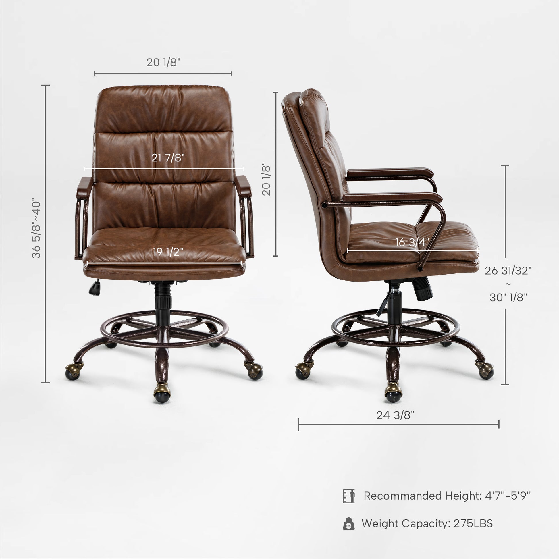 Regal Pu Leather Home Office Chair, Brown, With Dimensions and Recommended Height for Ergonomic Workspace.