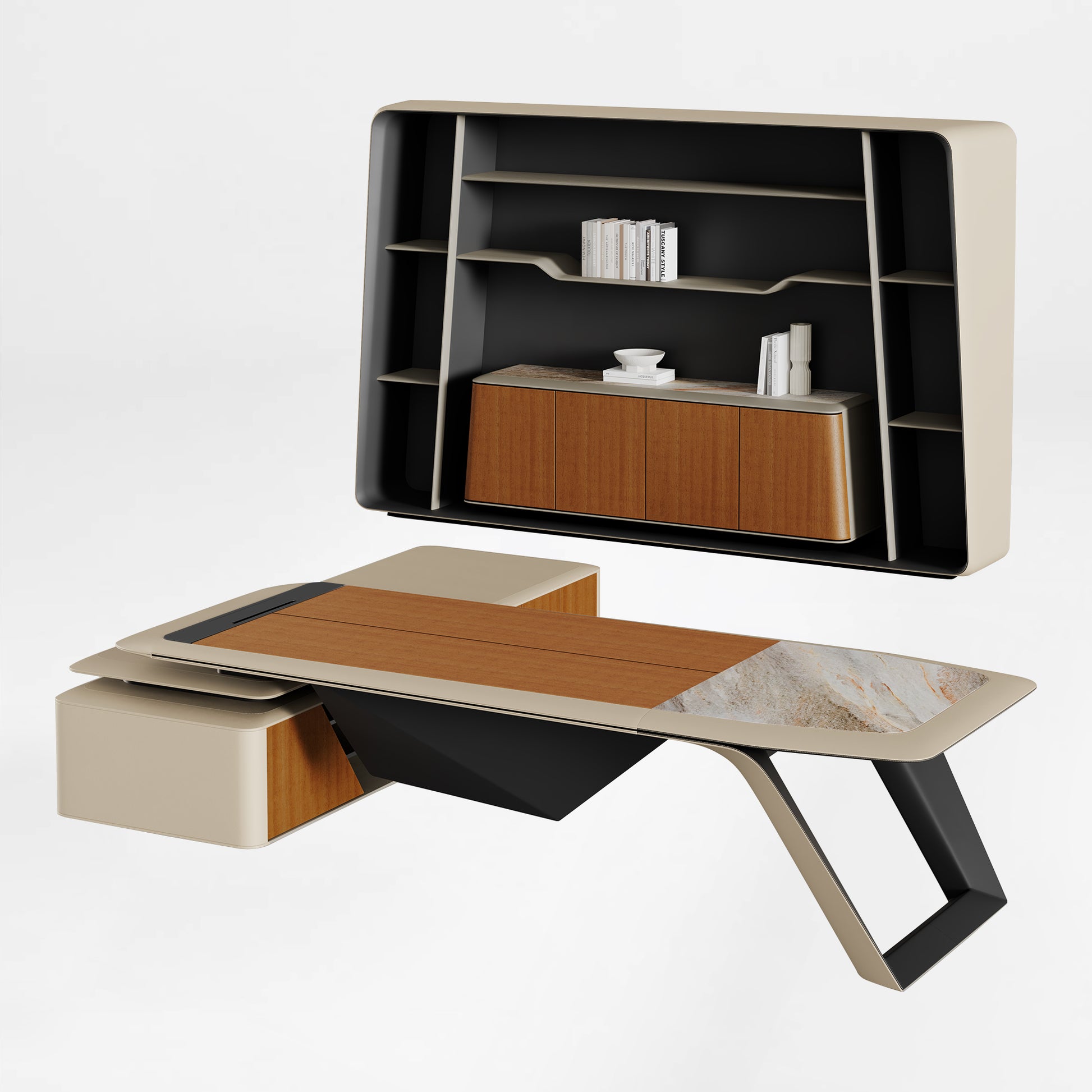 Eureka Ergonomic Zen Lunar executive desk with wood top and marble inlay, paired with minimalist bookcase. Modern furniture set.