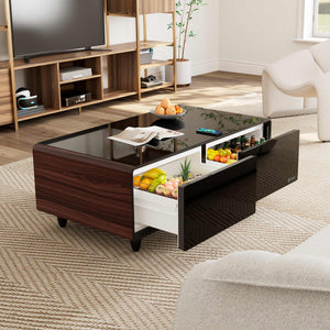 50 inch Walnut Woodgrain Style Smart Fridge Coffee Table with Bluetooth Speakers, lifestyle in minimalist Livingroom
