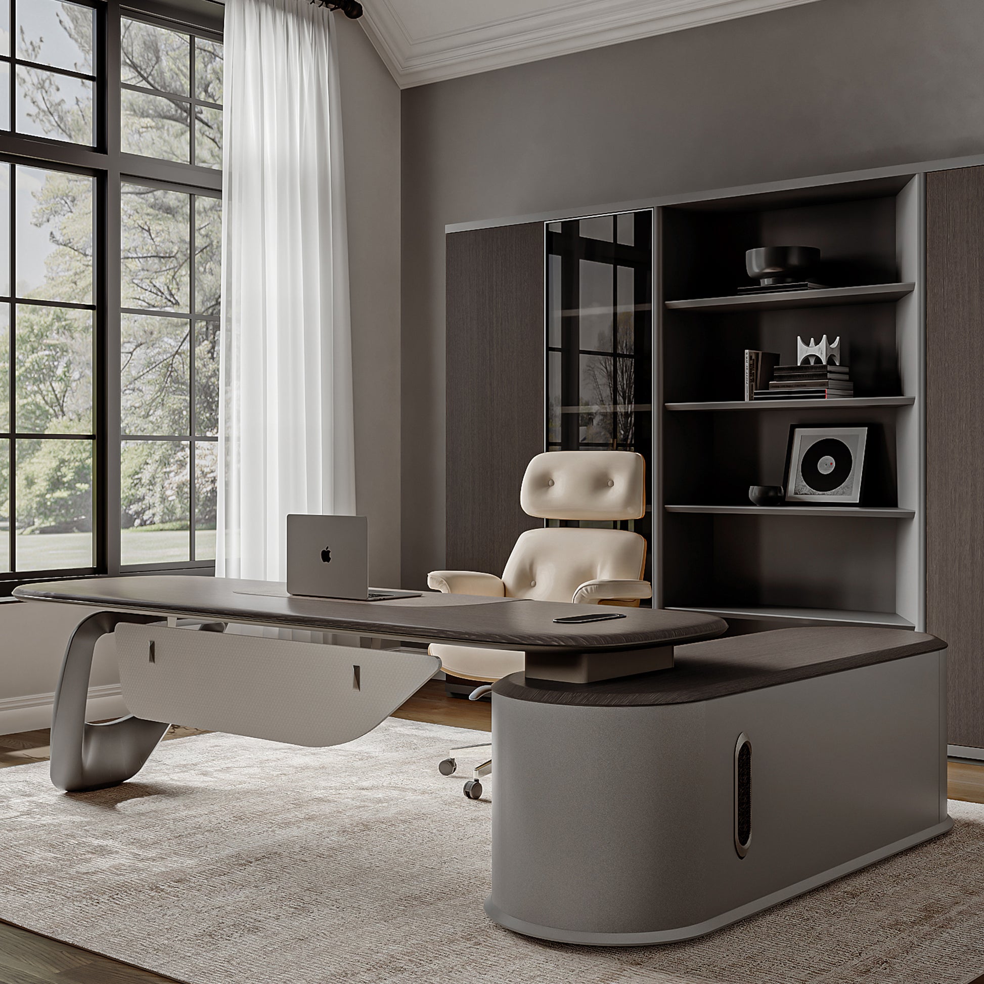 Eureka Ergonomic Zen Orion executive desk and bookcase set with cream leather chair in a modern office.