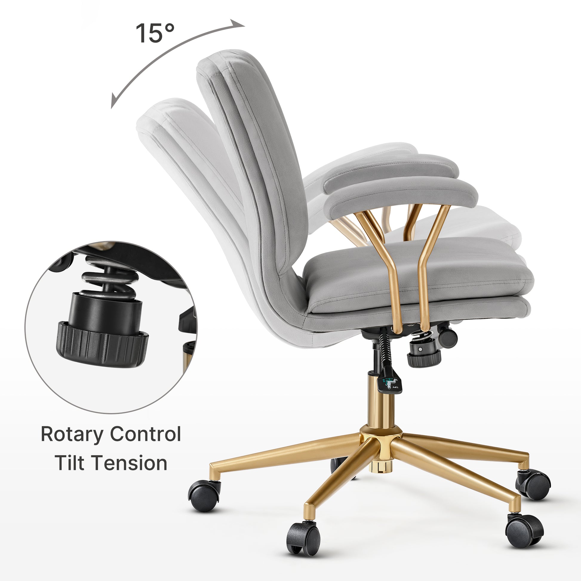 Adena Velvet Office Chair With 15-Degree Tilt and Rotary Control Tilt Tension, Gray Velvet Upholstery, Gold Base.