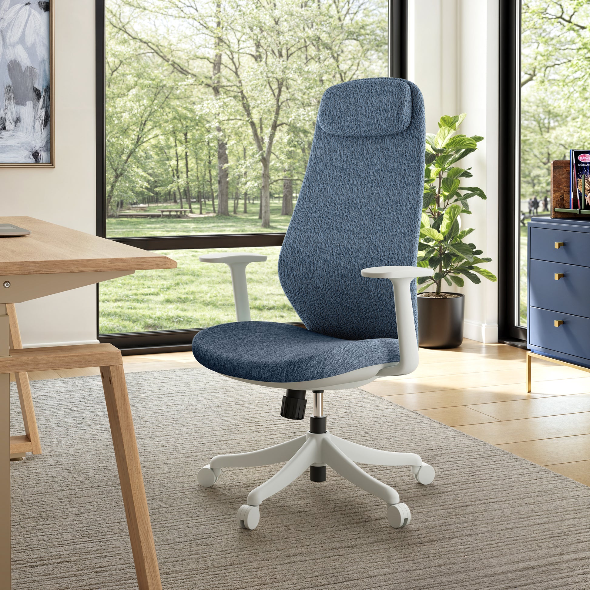 Skylar-Lite Duo Hue Ergonomic Office Chair With Blue Fabric and White Frame in Home Office Setting.