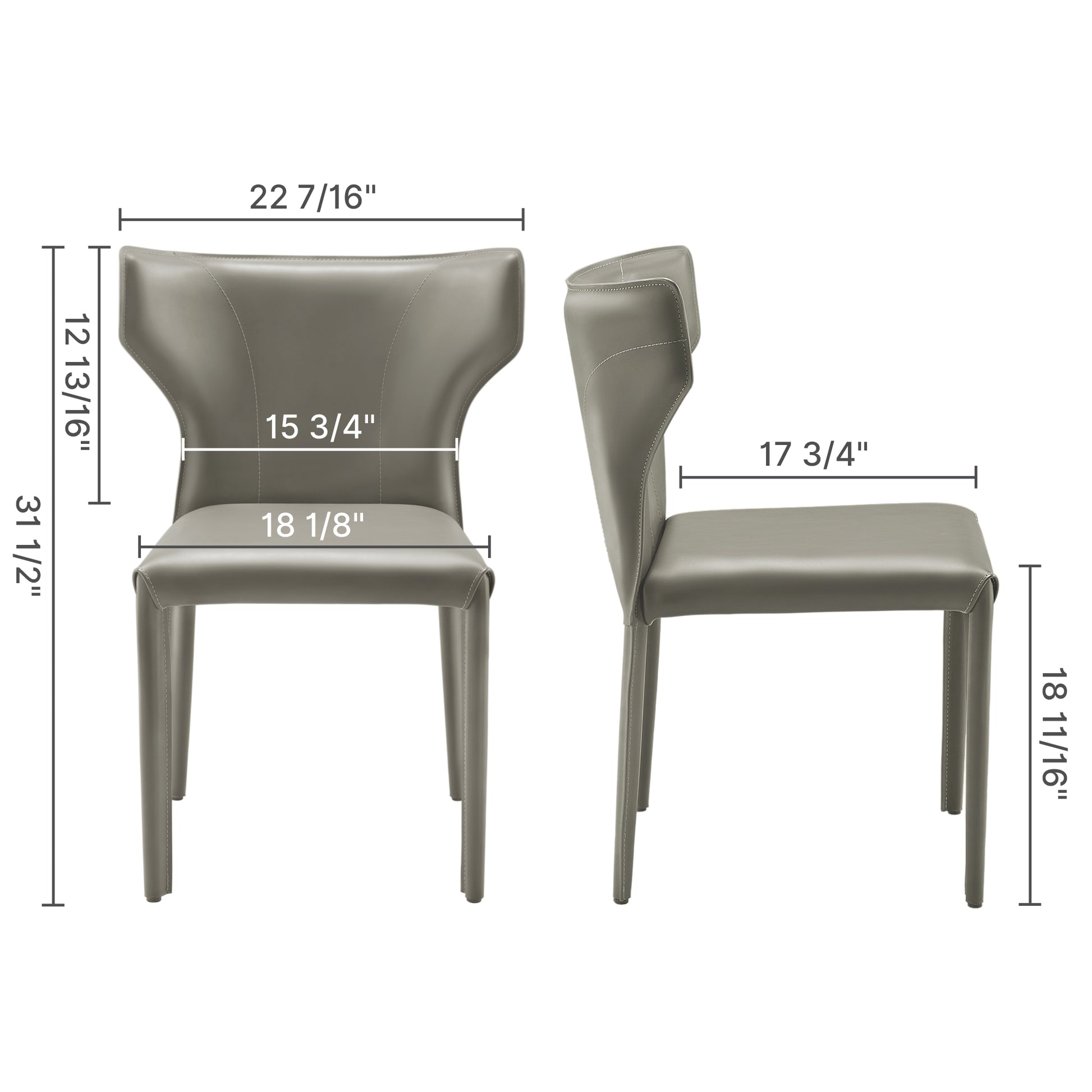 Majestic Gray Leather Dining Chair Dimensions, Whale-Tail Backrest, Modern Design.