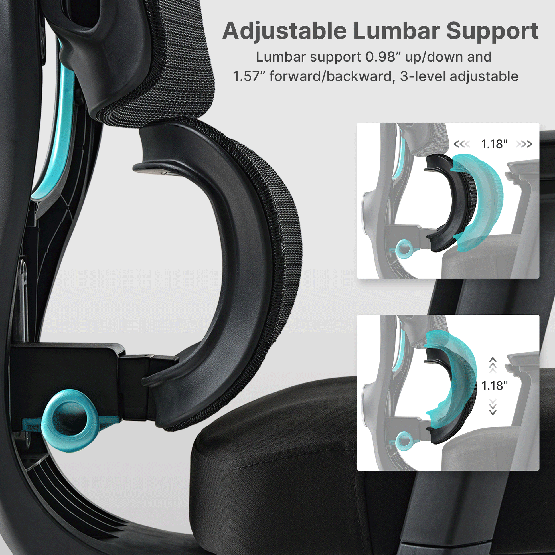 Axion Ergonomic Hybrid Chair Adjustable Lumbar Support, 3-Level Adjustment, Black Mesh.