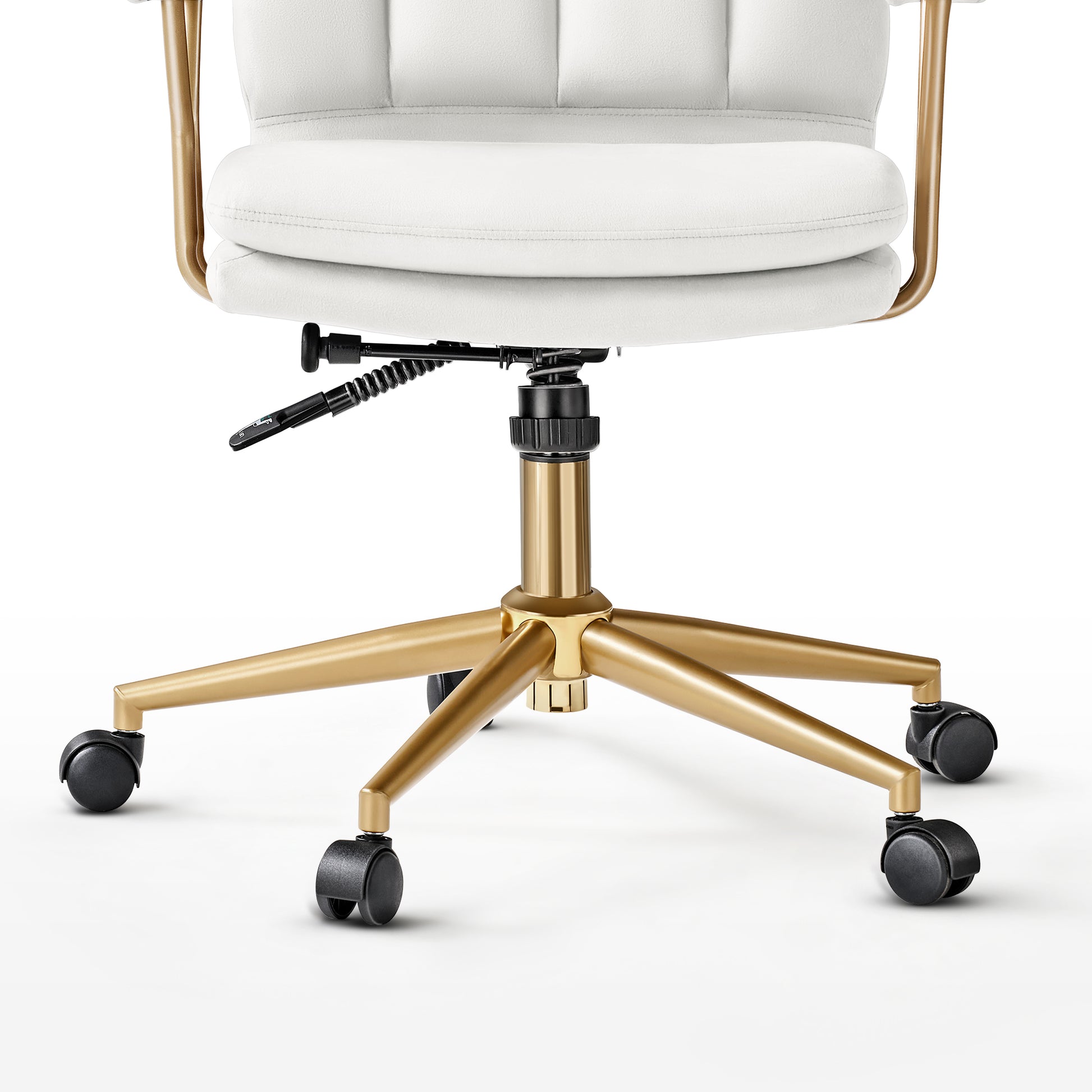 Adena Velvet Office Chair Detail: White Velvet Upholstery and Gold Base for a Glamorous Office.