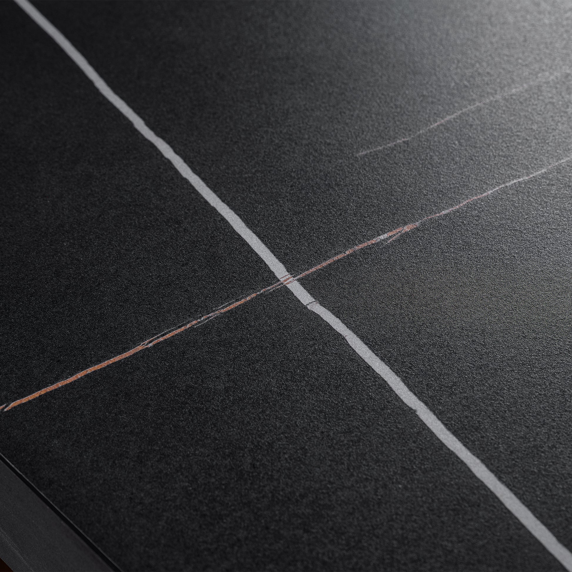 Zen Classic Executive Standing Desk Surface Detail, Black Desktop With Vein Patterns.