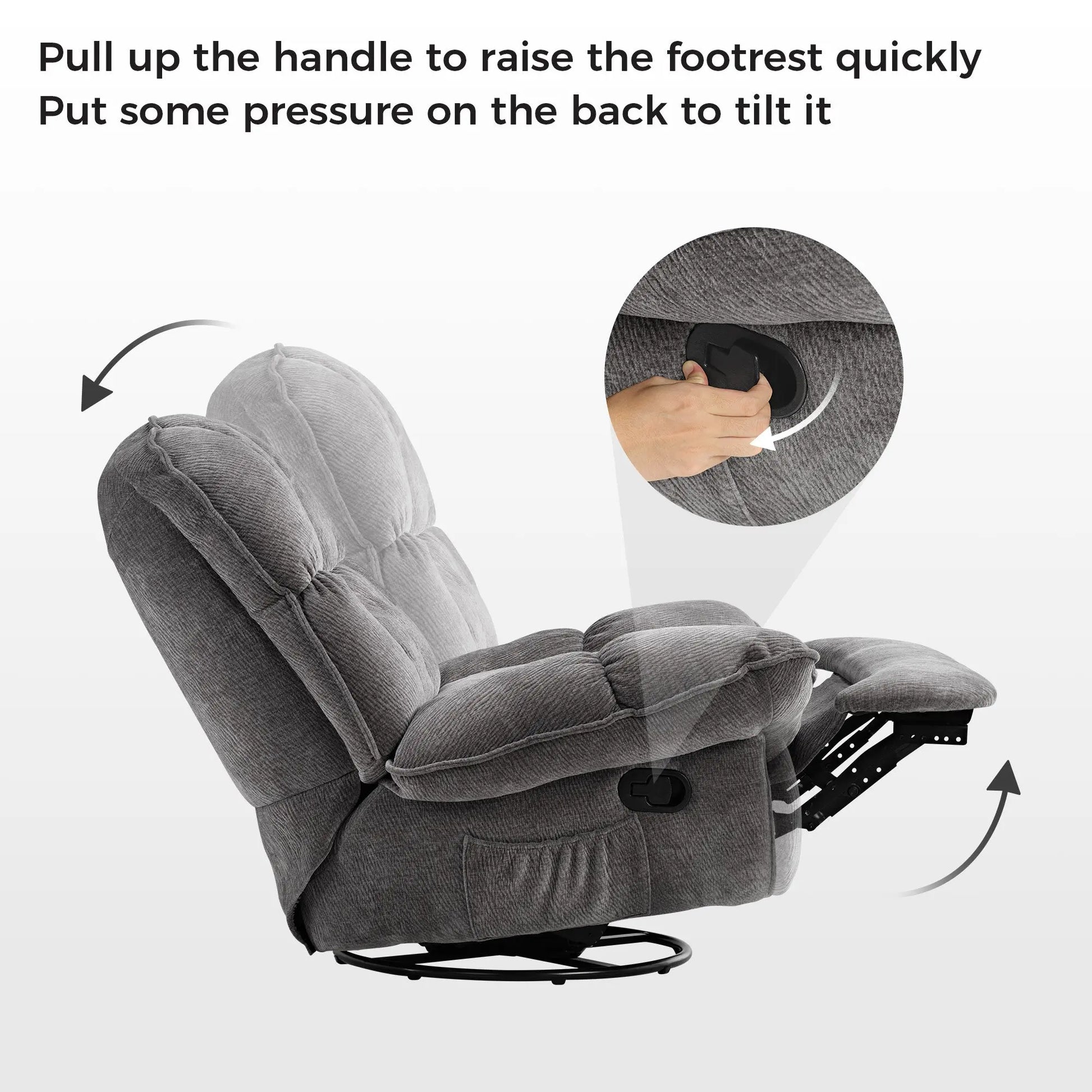Grayson Recliner Chair: Easy Operation With Handle for Footrest, and Back Pressure for Tilting, Features Chenille Fabric.