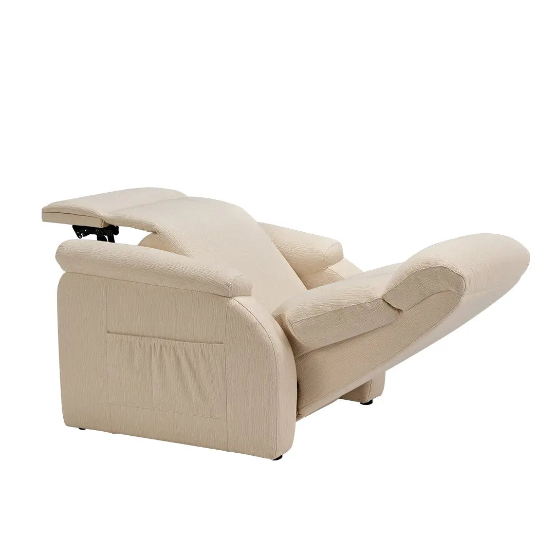 Beige Henry-Armrest Zero Gravity Recliner Chair in Reclined Position, Cotton-Linen Fabric.
