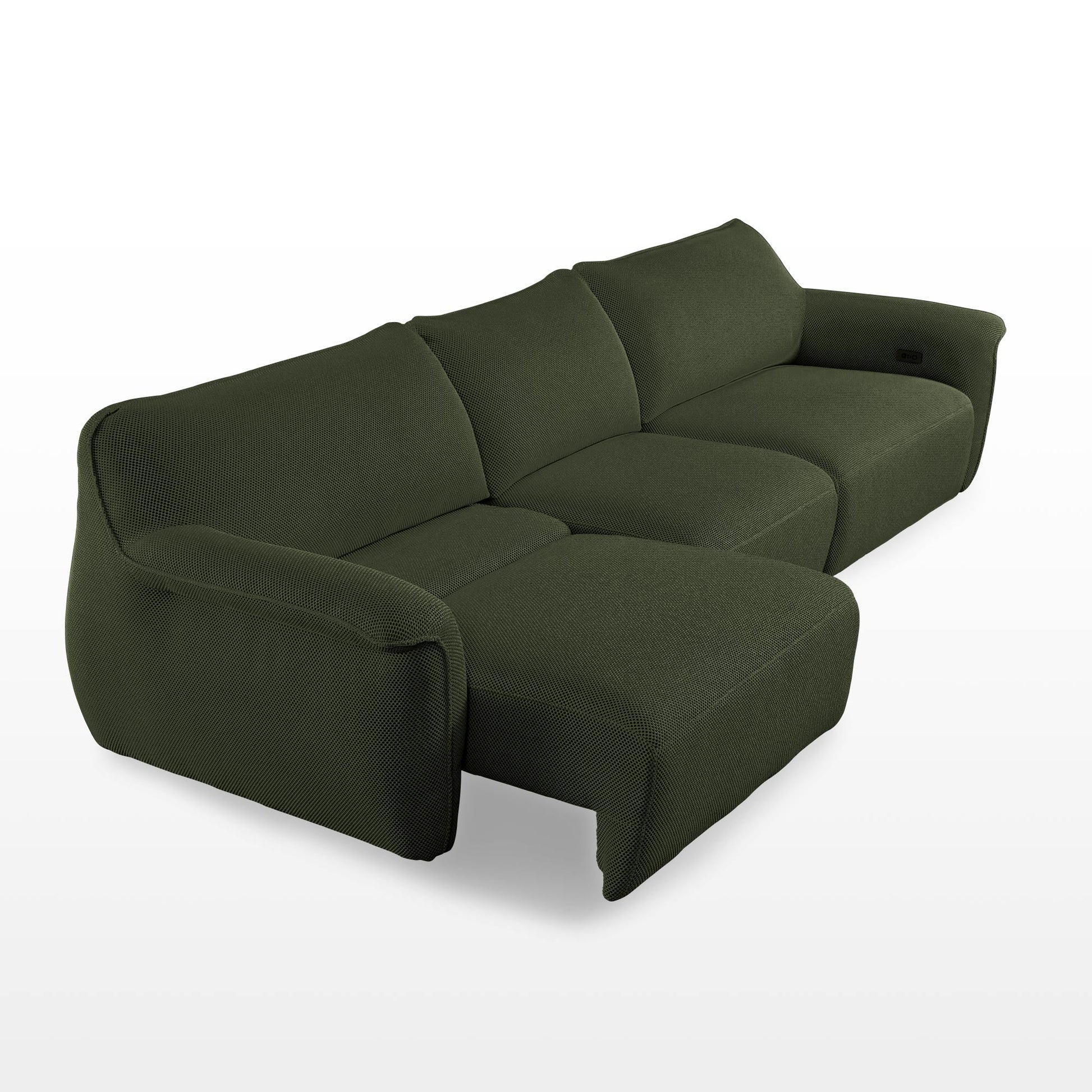 Vero Power Sleeper Sofa in Olive Green Techno 3D Mesh Fabric, Modular Design, Perfect for Modern Living.