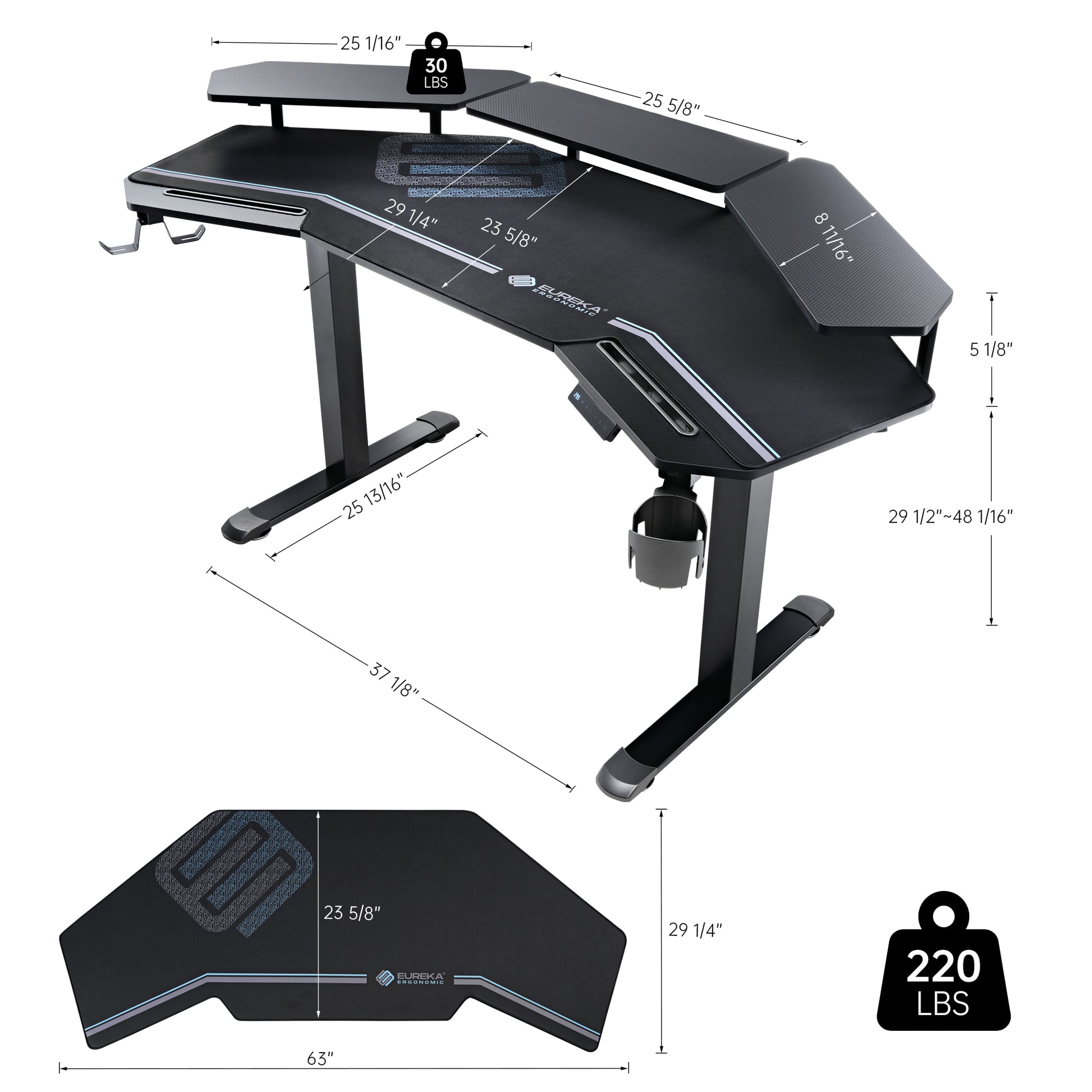 Eureka Ergonomic Aero Pro Wing-Shaped Black Standing Desk, 63 Inch Gaming Desk With Adjustable Height and Accessories.