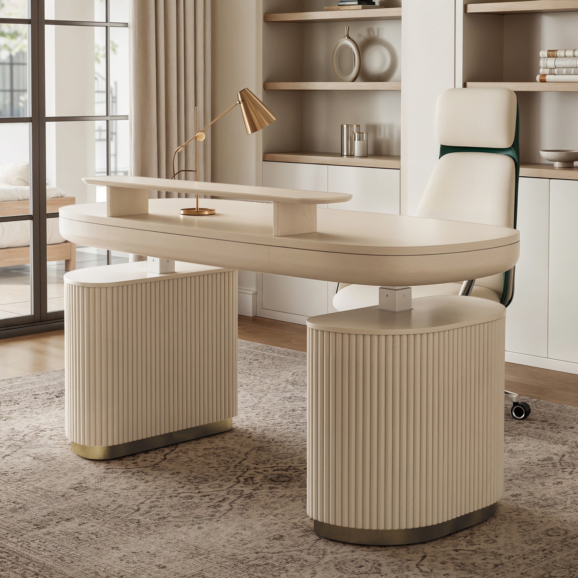 Eureka Ergonomic Opal Oval Executive Standing Desk With Storage in Light Beige.