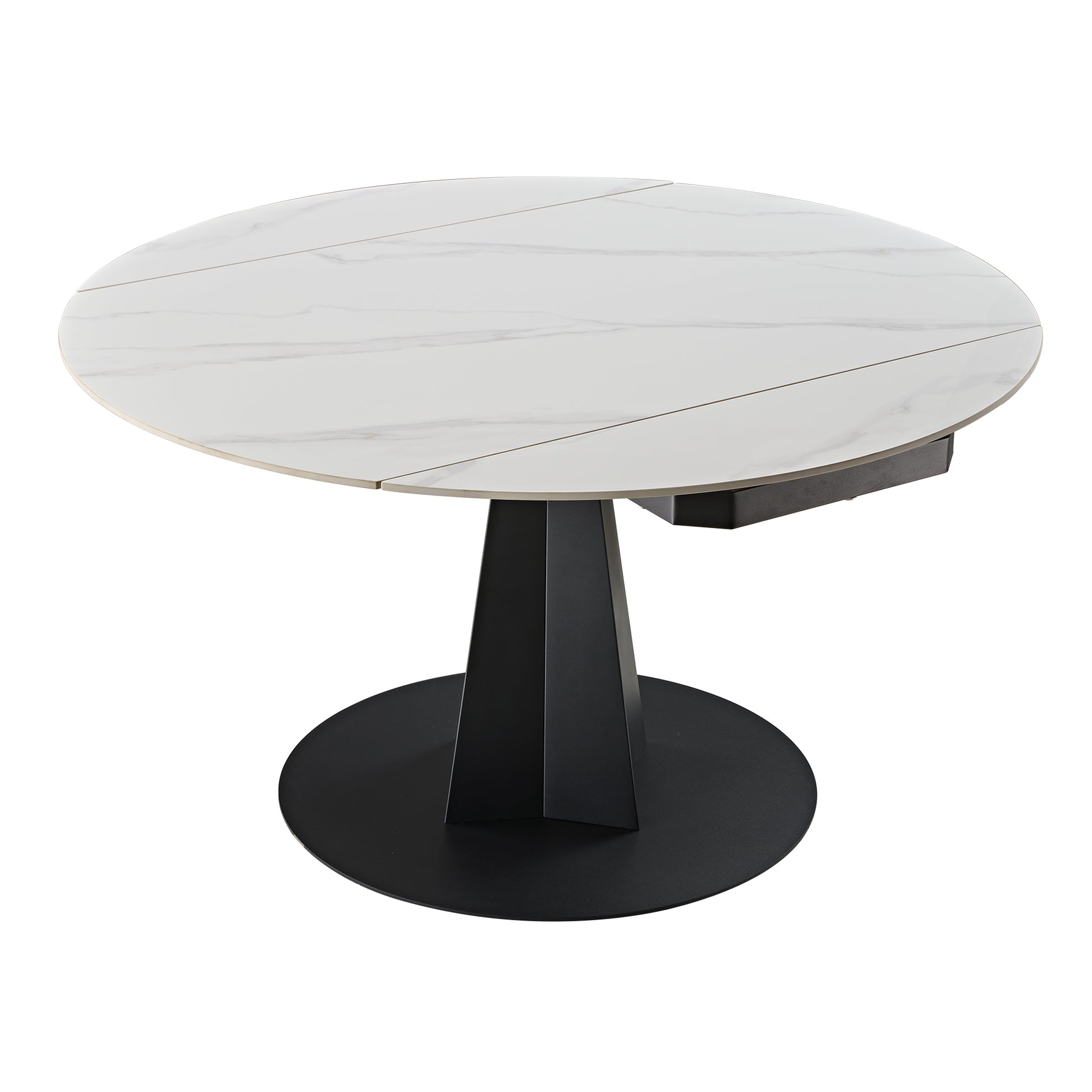 Amelia Round Extending Dining Table, White Granite Top and Black Base, Extends From 33 to 53.