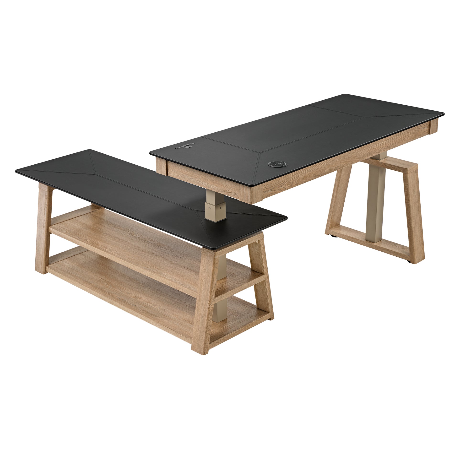 Ark Ex Standing Desk With Faux Leather and Oak Veneer, Modern Office Design, Integrated Storage.