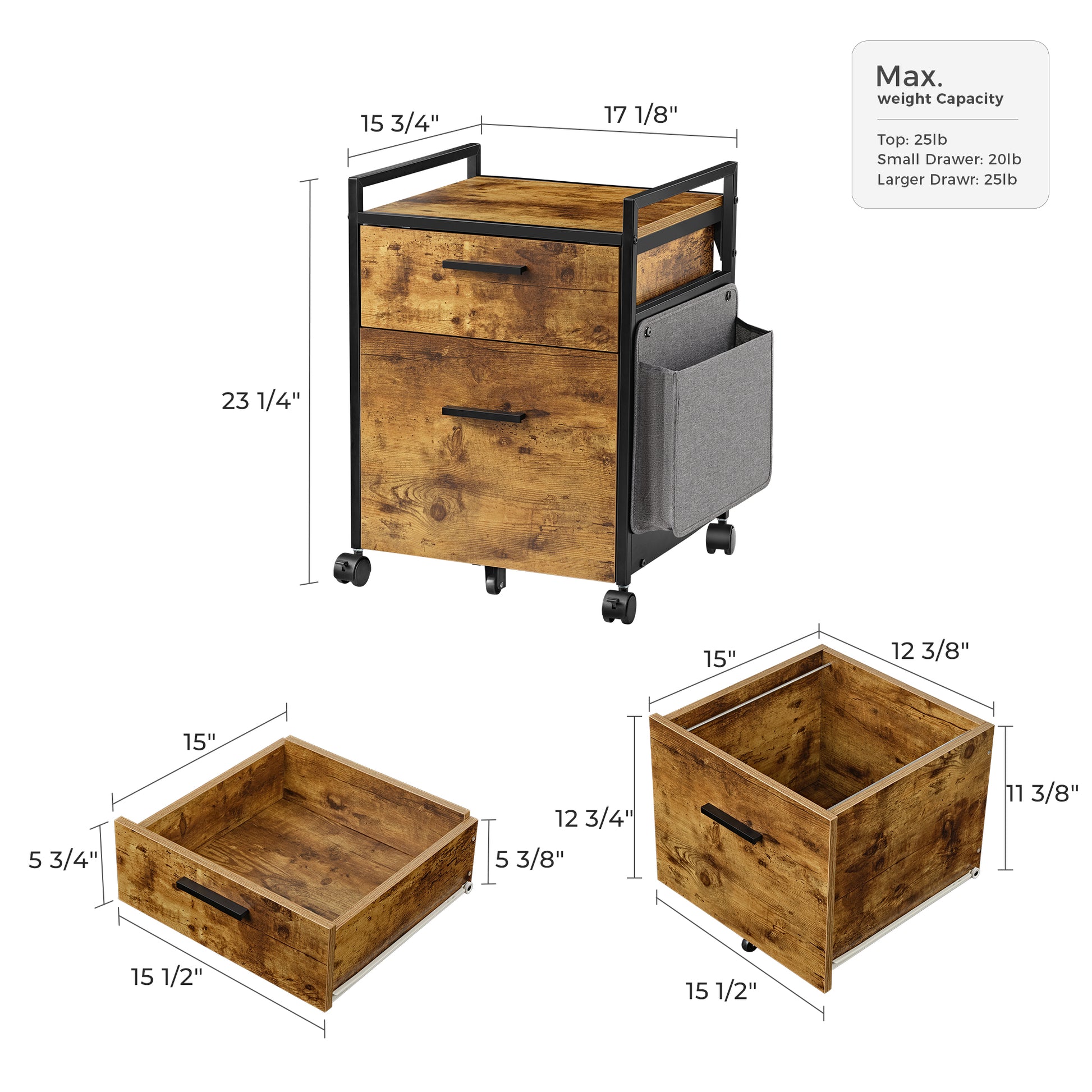 23 Rustic Brown Rolling File Cabinet With Drawer, Storage Bag and Weight Capacity.