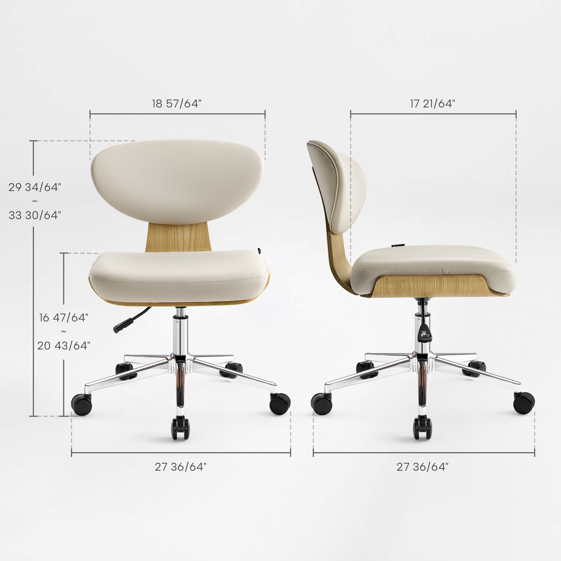 Eureka Ergonomic Off-white armless faux leather office chair with curved walnut veneer shell, chrome base, dimensions shown.