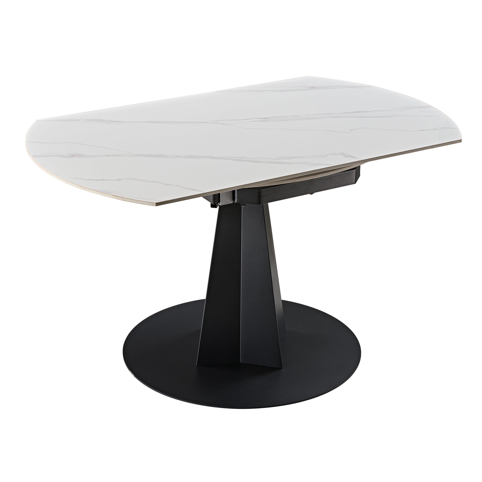 53 inch White Round Extending Dining Table with Black Base, Product Image Retracted