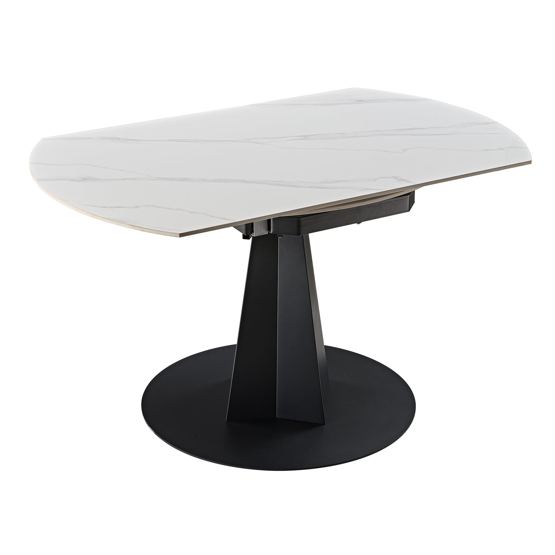 Amelia Round Extending Dining Table in Black and White, Granite-Style Top.